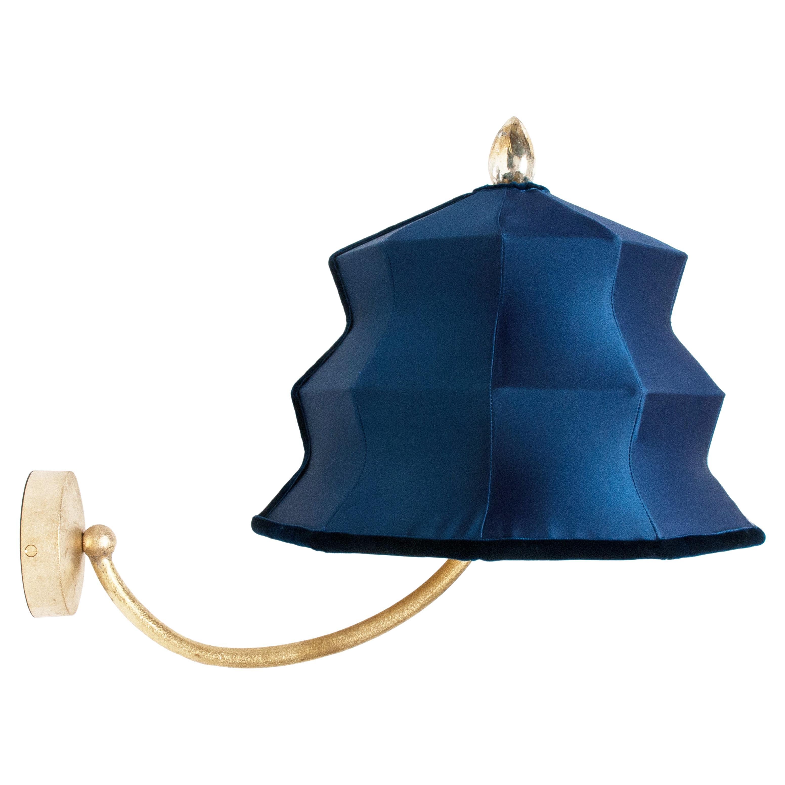 “Pagoda” Contemporary Wall Lamp, Blue China Satin Silk, Silvered Crystal For Sale