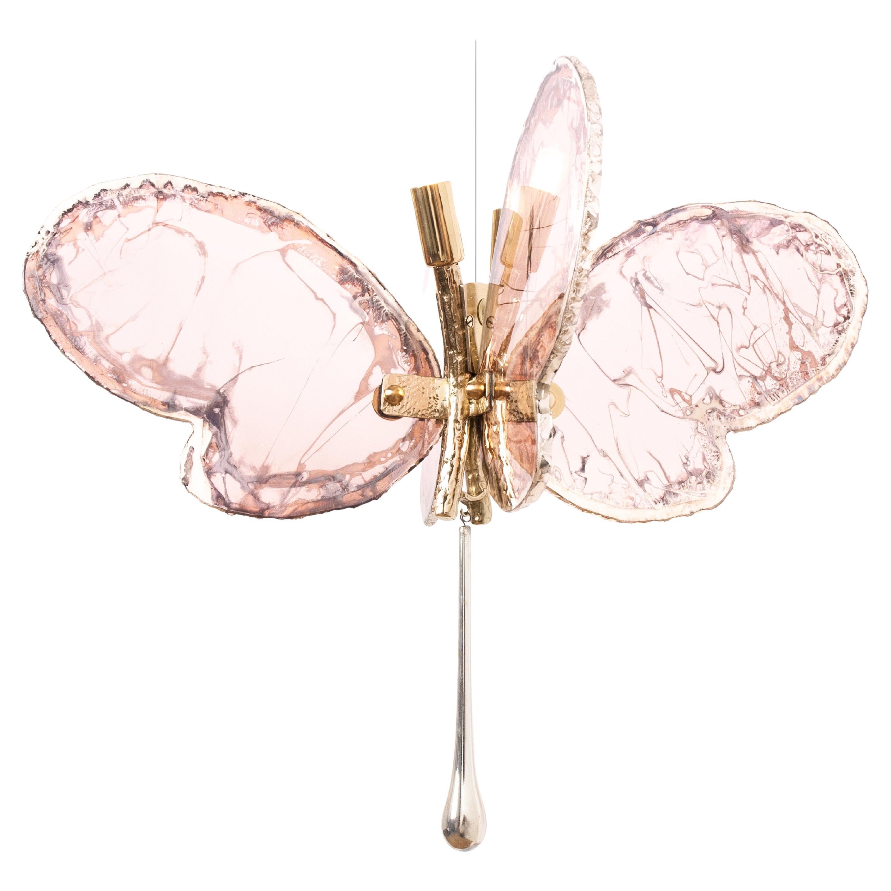  Zeitgenössische Schmetterlings-Pendelleuchte 40, versilbertes Kunstglas, rosa Farbe    im Angebot