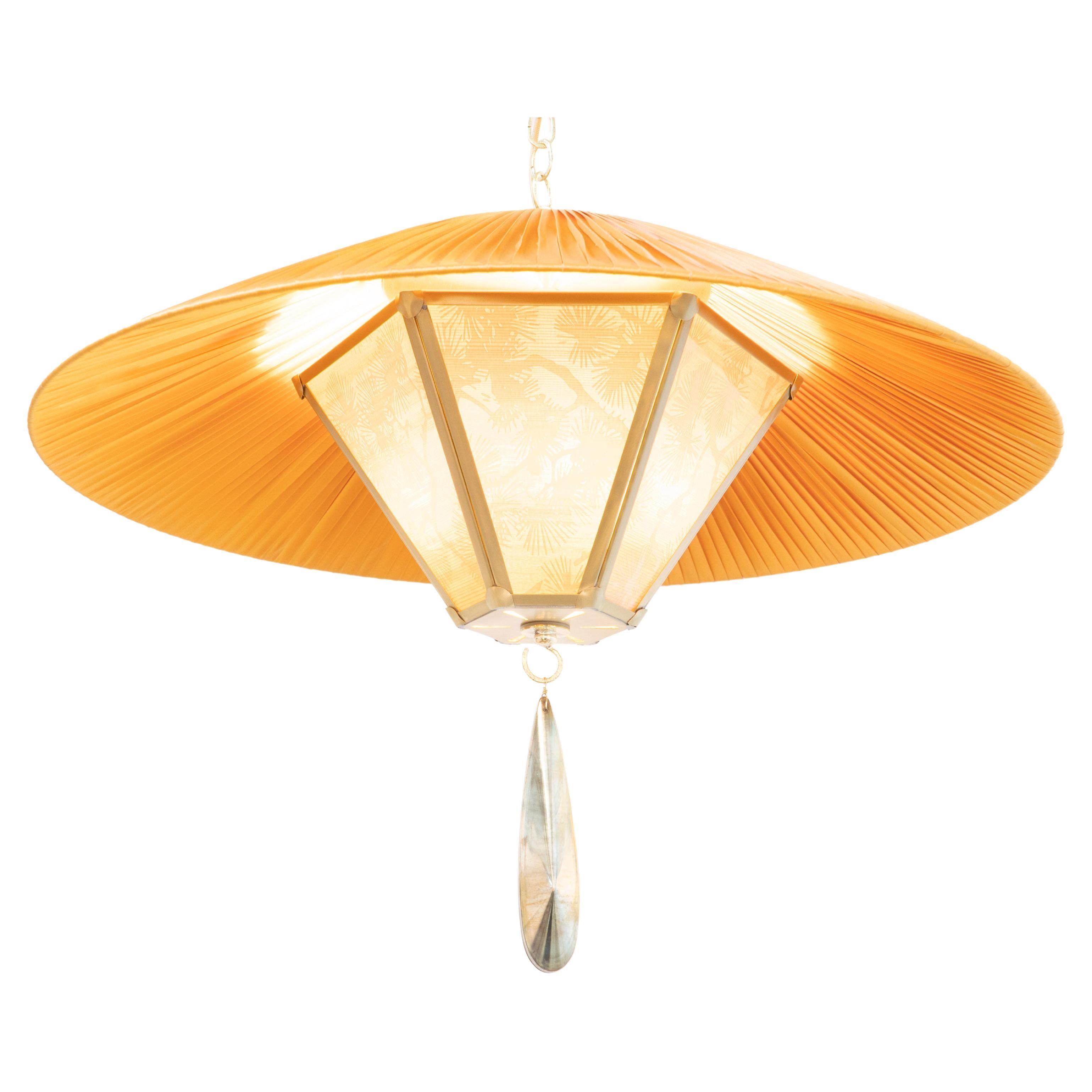 “Sunshine” Contemporary Hanging Lamp 60, Kyoto Washi, Sun Silk, Cast Brass