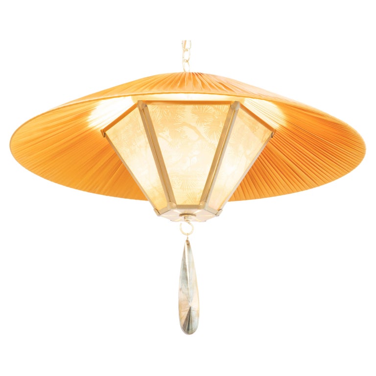 “Sunshine” Contemporary Hanging Lamp 60, Kyoto Washi, Sun Silk, Cast Brass For Sale