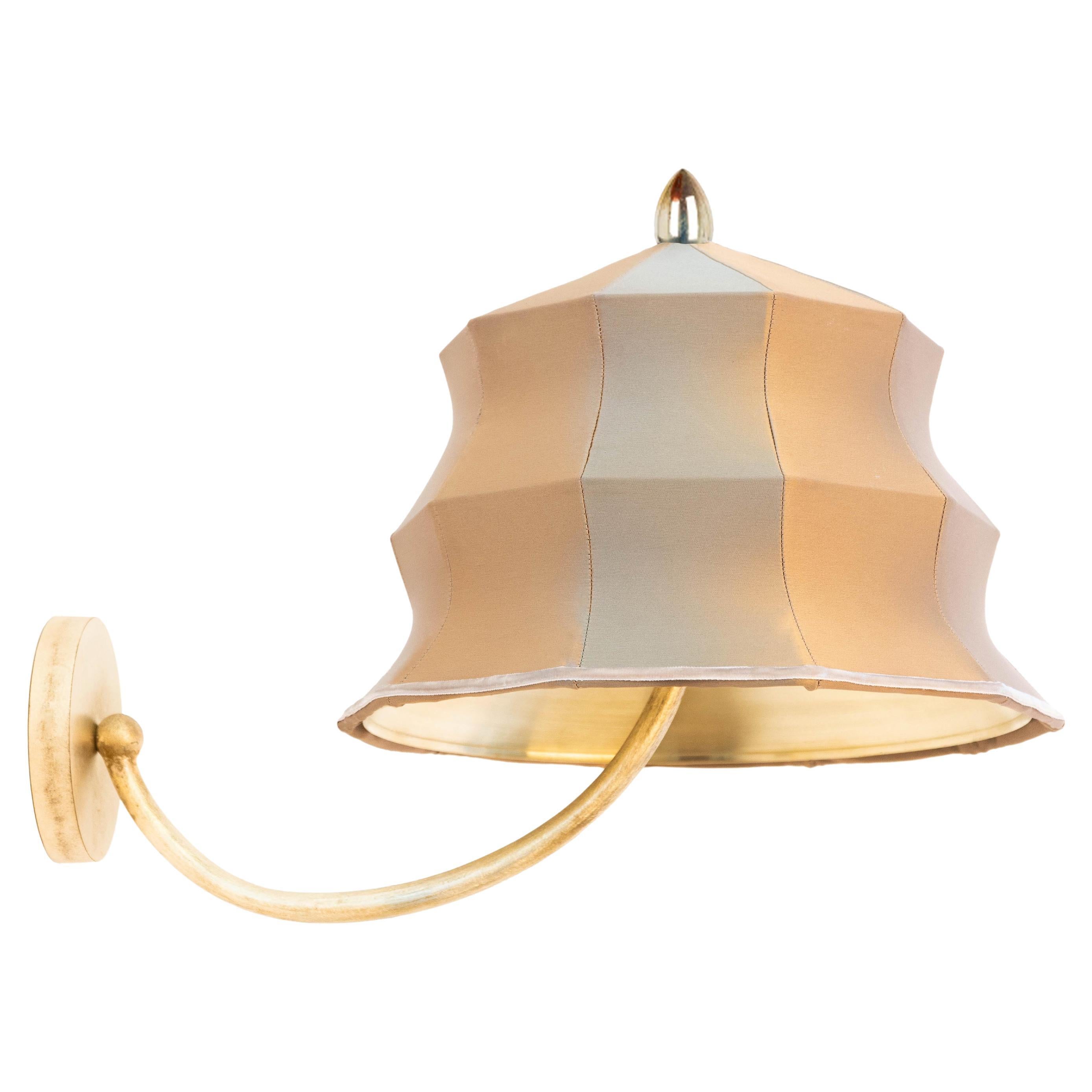“Pagoda” Contemporary Wall Lamp, Gold Satin Silk, Silvered Crystal