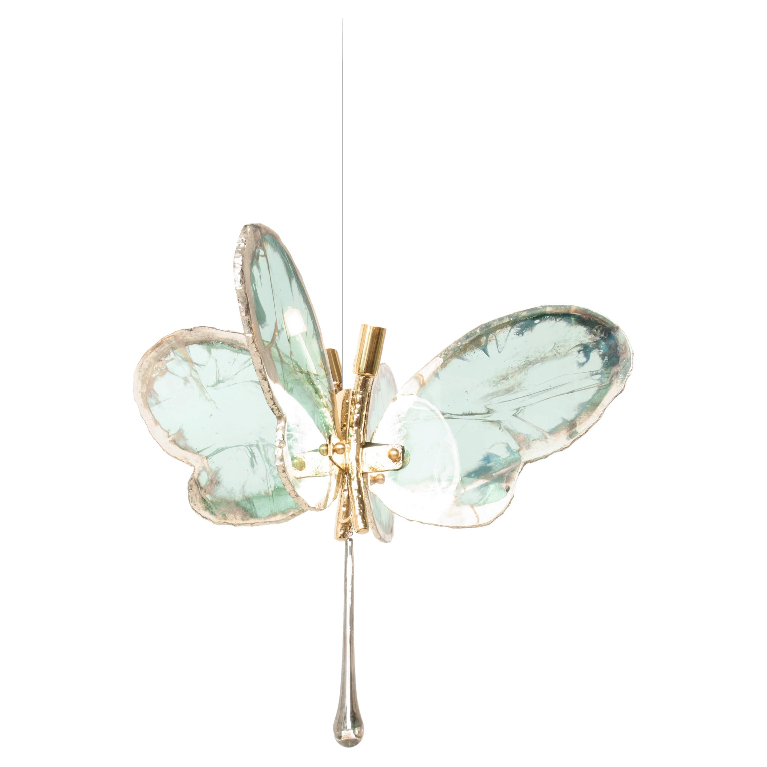 Lampe à suspension contemporaine papillon 40, verre d'art argenté, couleur jade, laiton   