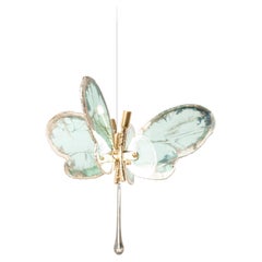 Butterfly 40 contemporary pendant Lamp, art glas Silvered, jade color, Brass
