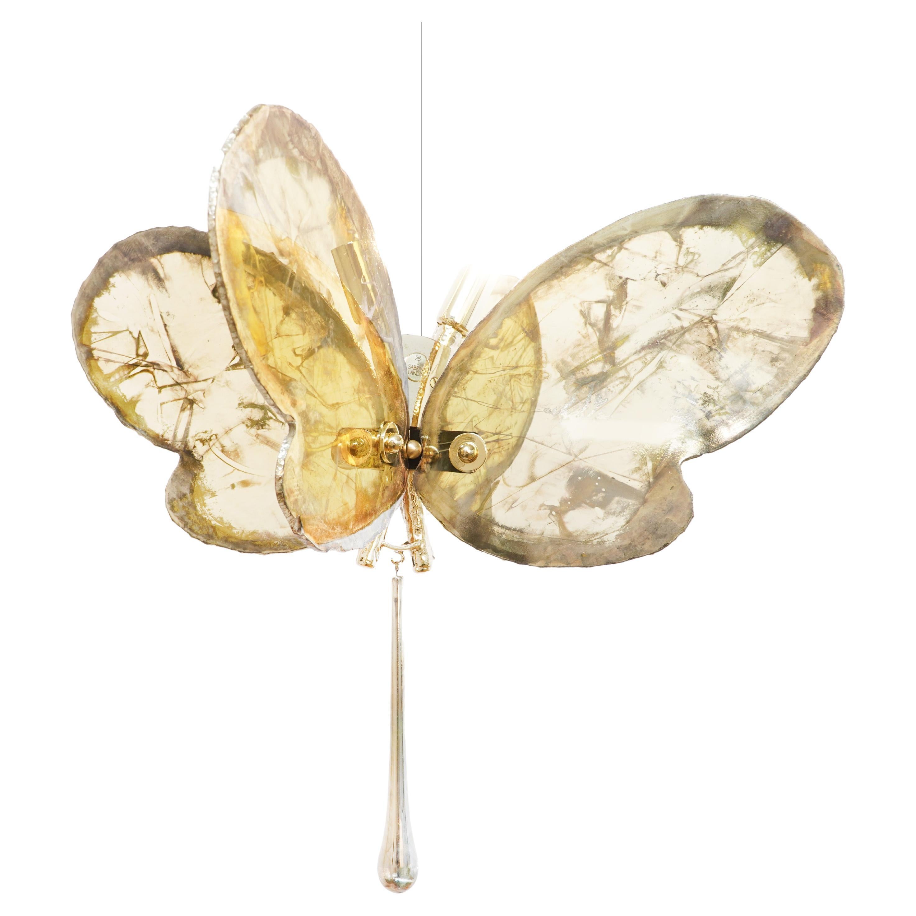   Butterfly 40 contemporary pendant Lamp, art Silvered Glass,  sun color, Bras