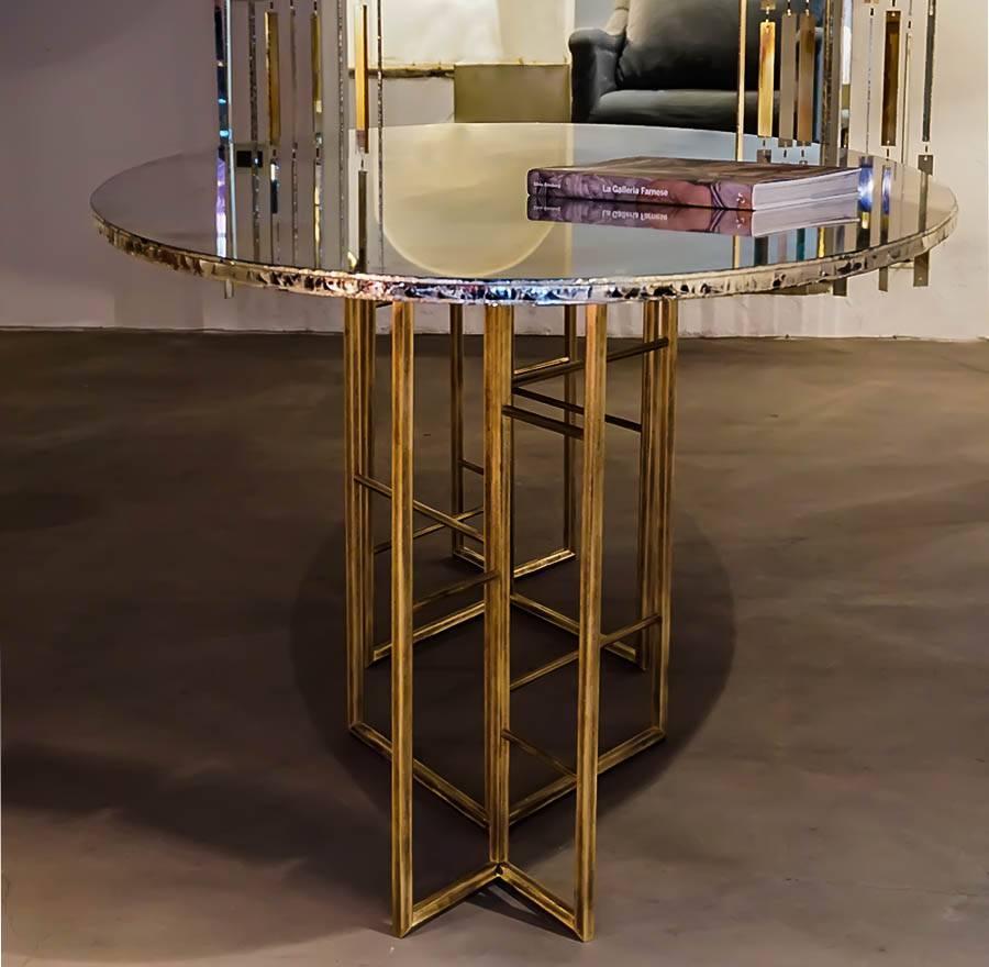 Fly dining room table brass legs diamond cut glass top silvering