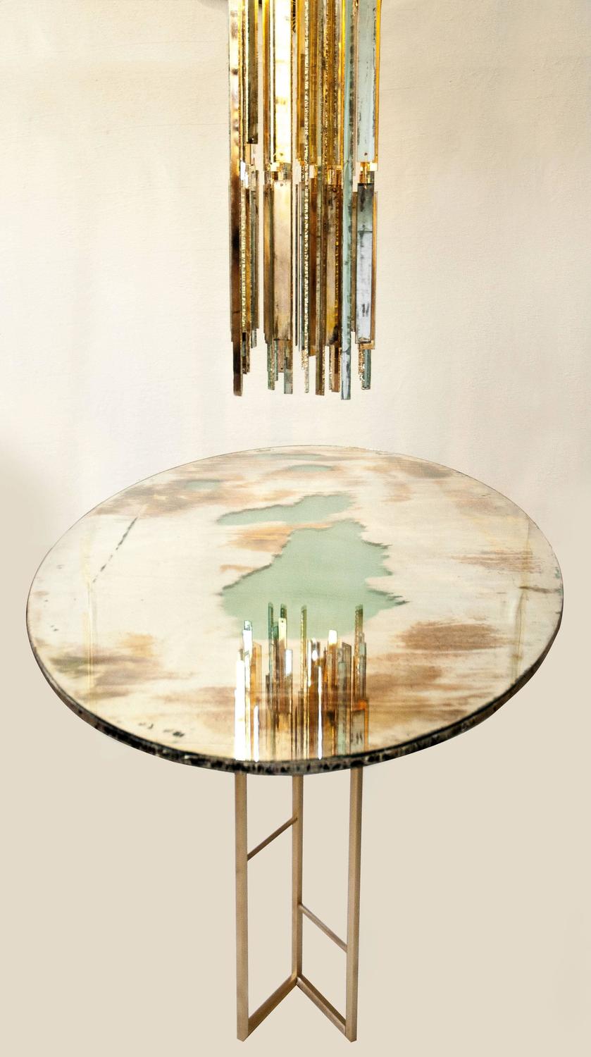 Fly dining room table brass legs diamond cut glass top silvering