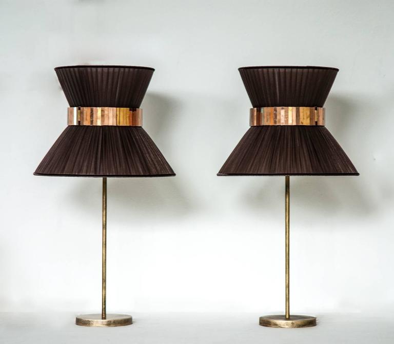 Tiffany console table lamp lightings silk shade brass base silver glass