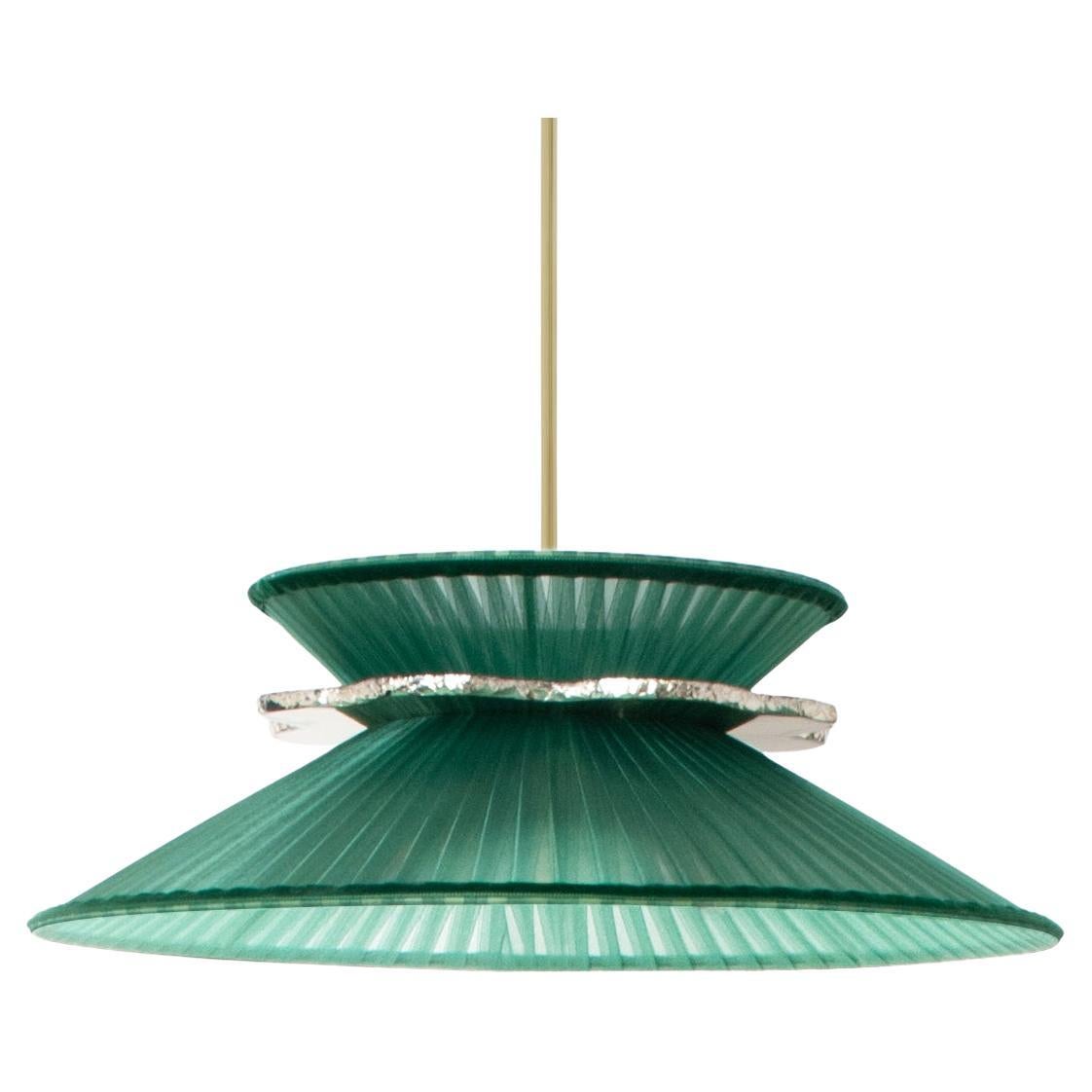 Daisy Contemporary Hanging Lamp 44, Emerald Silk Silvered Neacklace Glass, Brass For Sale