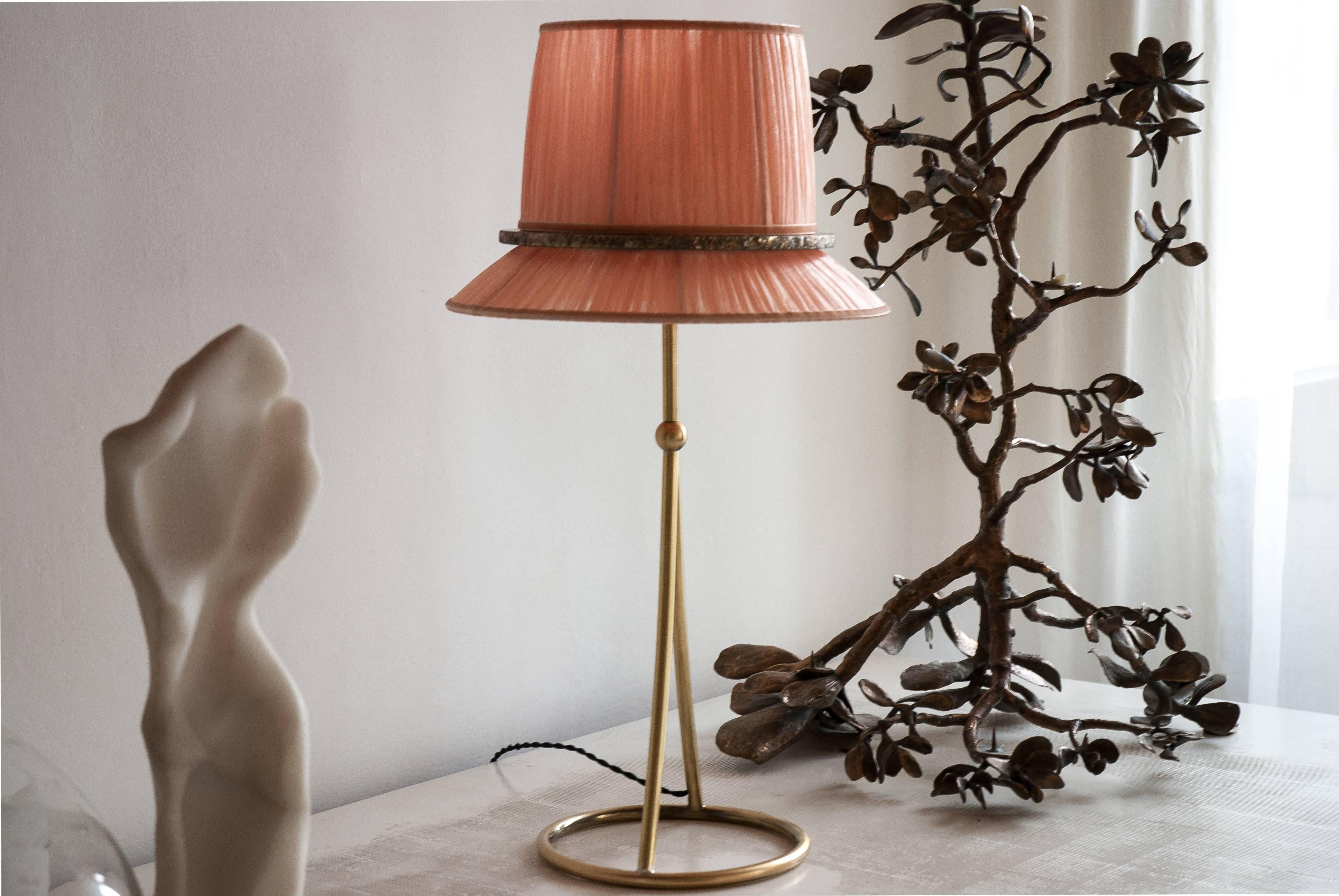 Modern Pretty” Table Lamp in matt Brass, blush Organdy Silk, Silvered Glass circle  