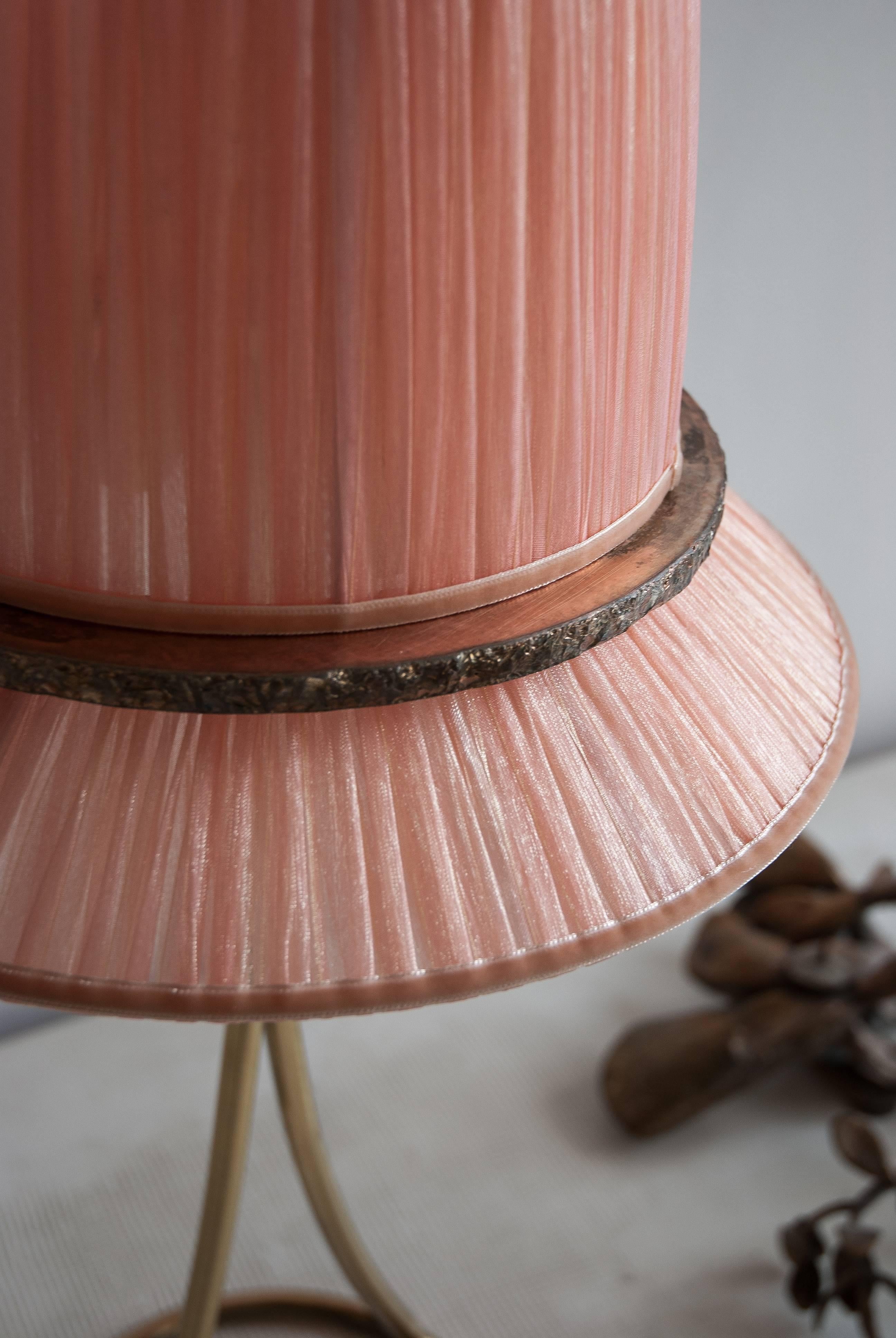 Italian Pretty” Table Lamp in matt Brass, blush Organdy Silk, Silvered Glass circle  