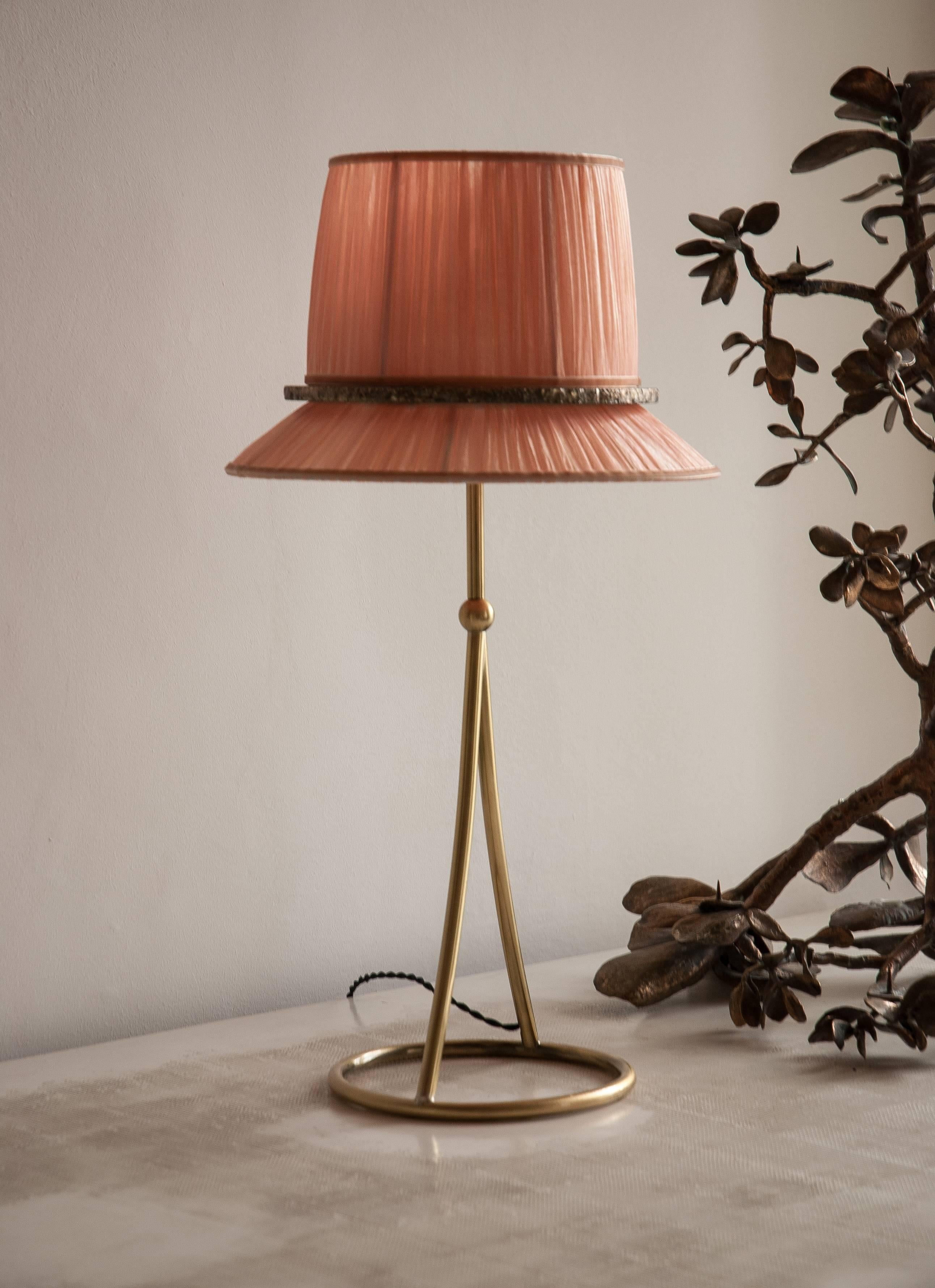 Pretty” Table Lamp in matt Brass, blush Organdy Silk, Silvered Glass circle   In New Condition In Pietrasanta, IT