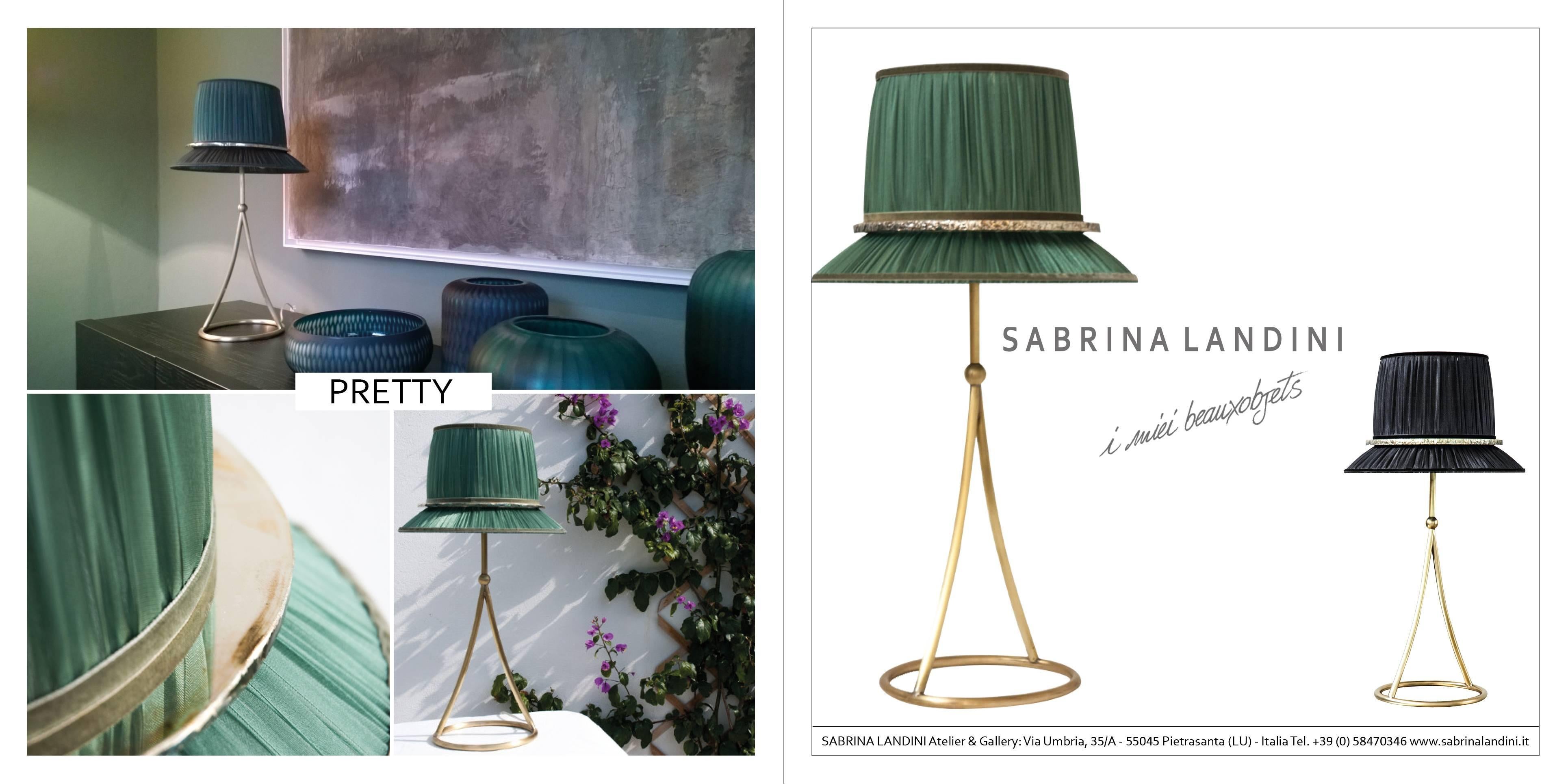 Pretty” Table Lamp in matt Brass, blush Organdy Silk, Silvered Glass circle   1