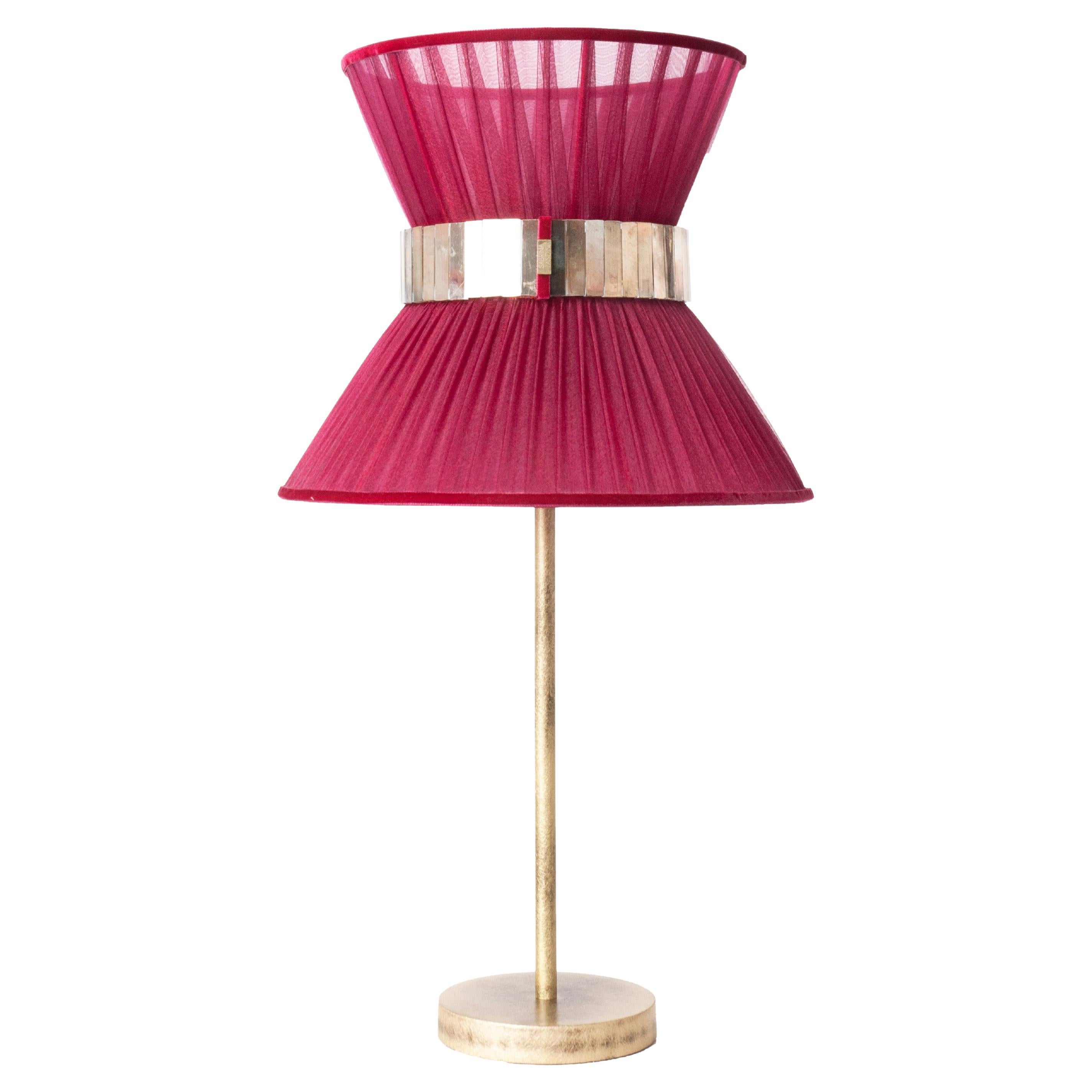  “Tiffany” Table Lamp 30 Ruby Silk, Antiqued Brass, Silvered Glass  