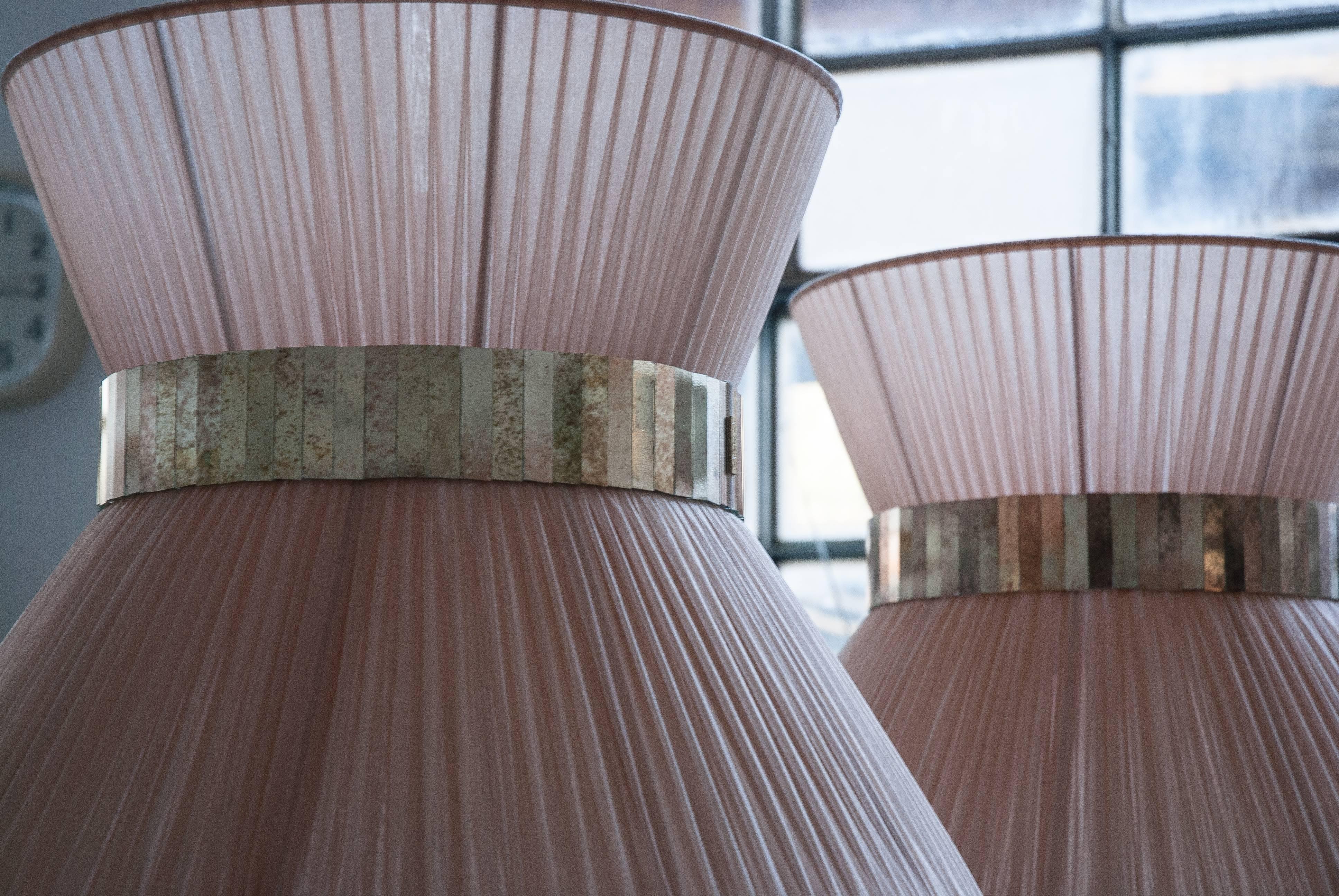Modern  Tiffany contemporary Floor Lamp powder Silk, Antiqued Brass Silvered Glass     