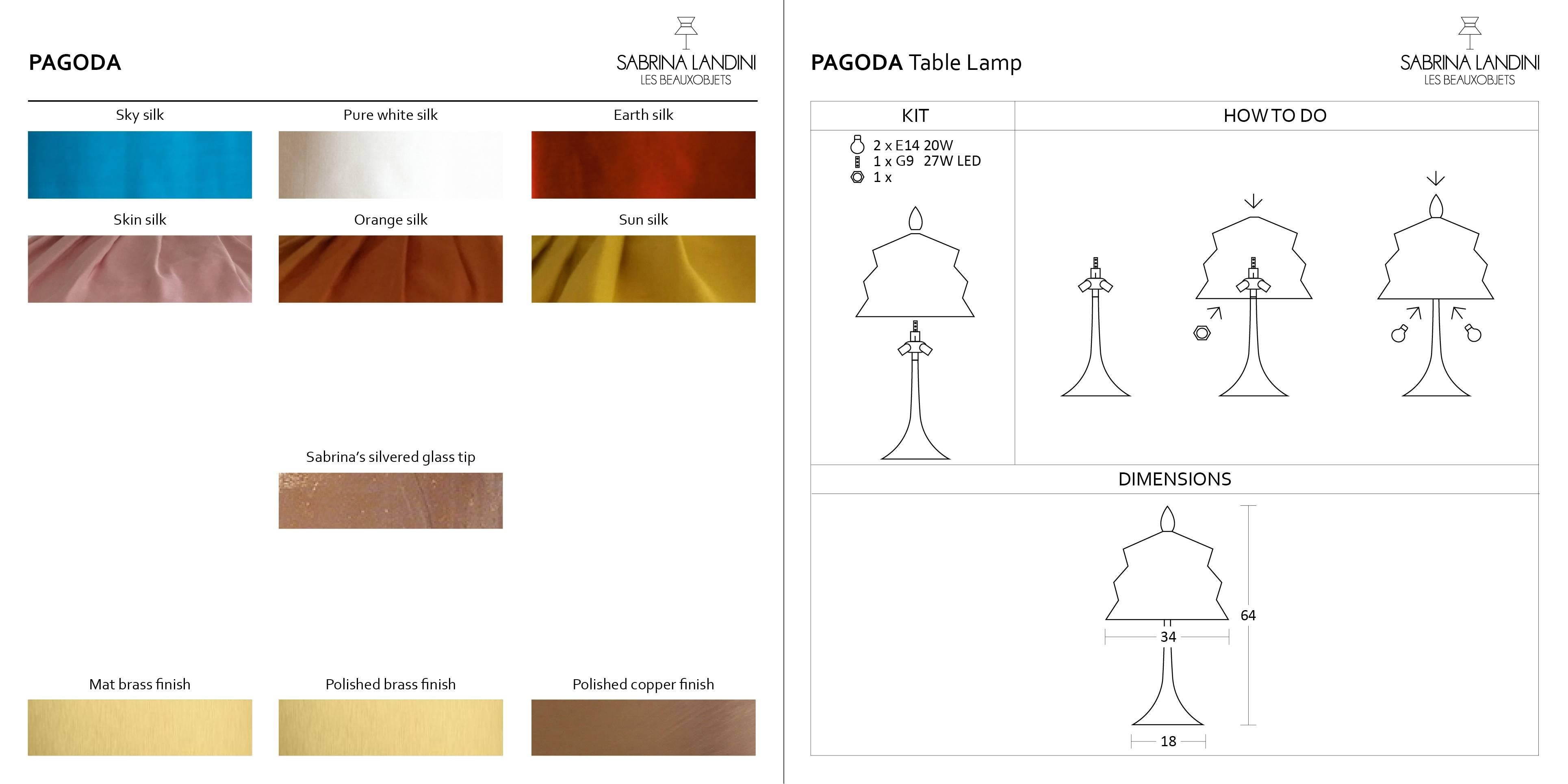 Italian Pagoda Table Lamp Console Lamp Silk Shade Silvered Glass Tip Glossy Brass