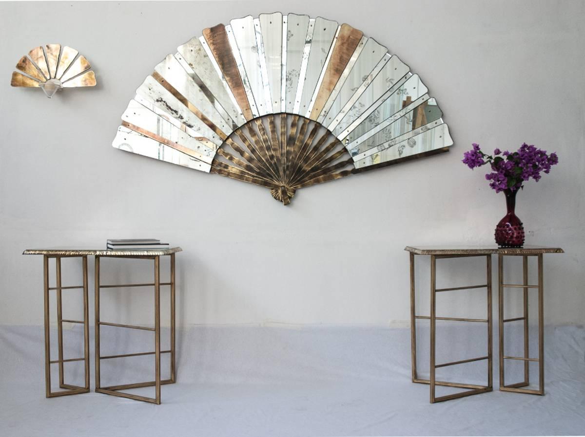 Italian Fan Sculpture Mirror Old Glass and Silvering Brass Metal by Sabrina Landini
