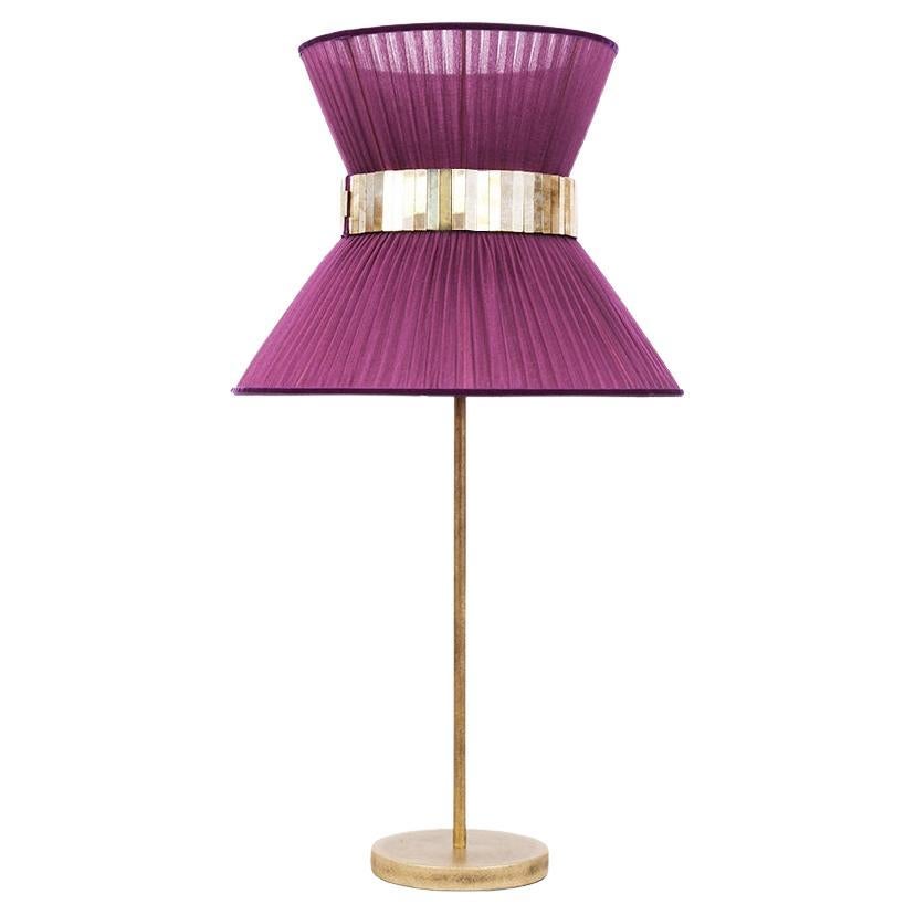 “Tiffany” contemporary Table Lamp 30 purple Silk, Antiqued Brass, Silvered Glas
