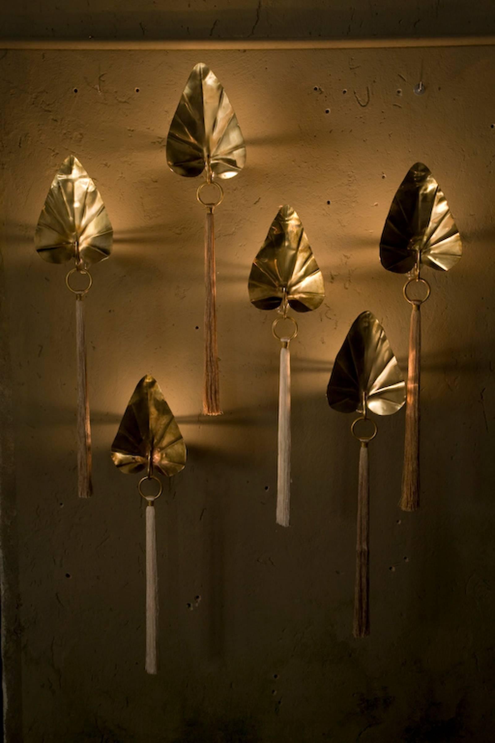 Leaf Made of Brass and Silk Pendant Electrical and Candle Light in stock 3 piece (Moderne)