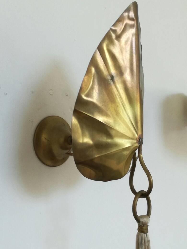 Leaf Made of Brass and Silk Pendant Electrical and Candle Light in stock 3 piece (Italienisch)