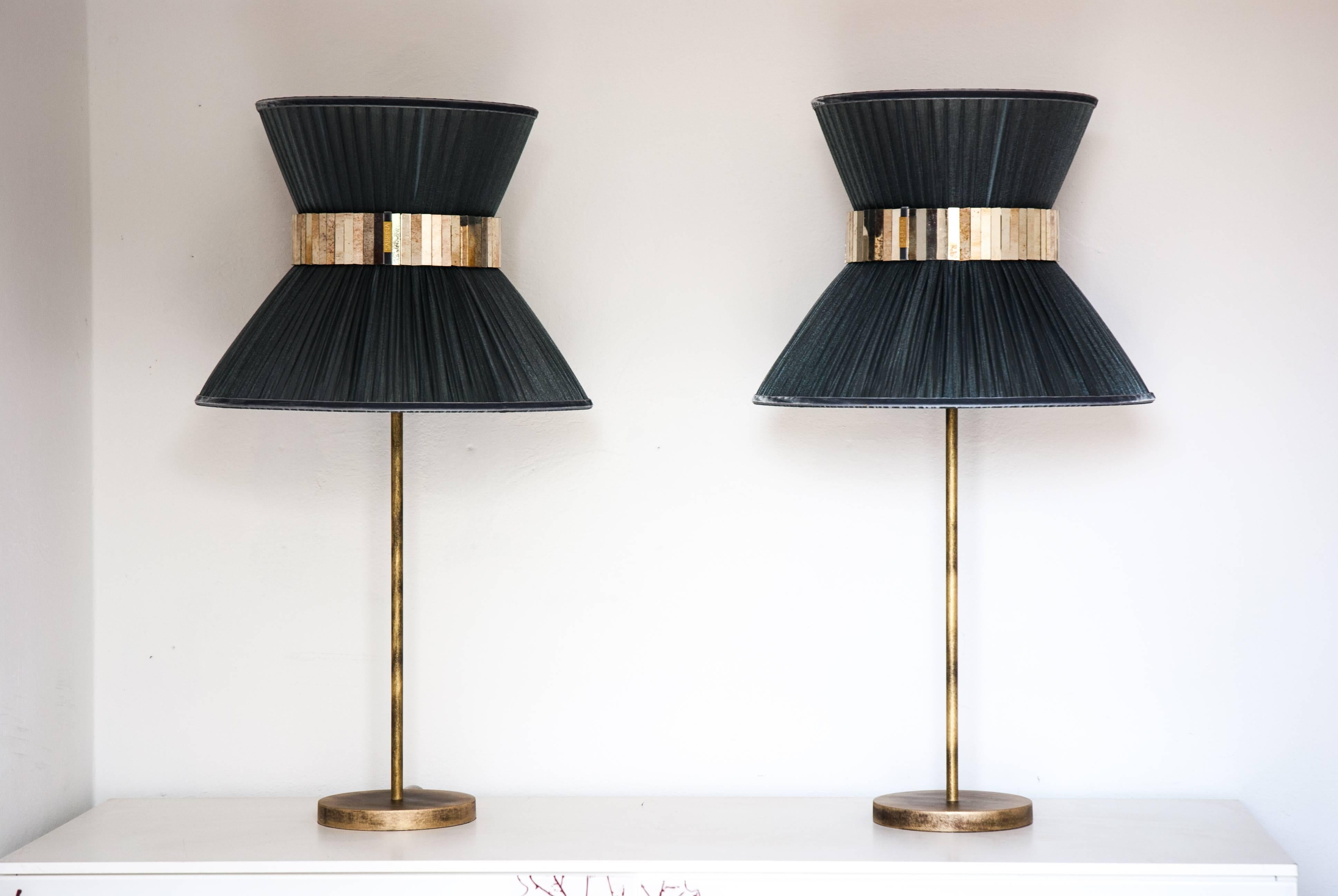 Modern Tiffany contemporary table Lamp Silk, Antiqued Brass, Silvered Glass