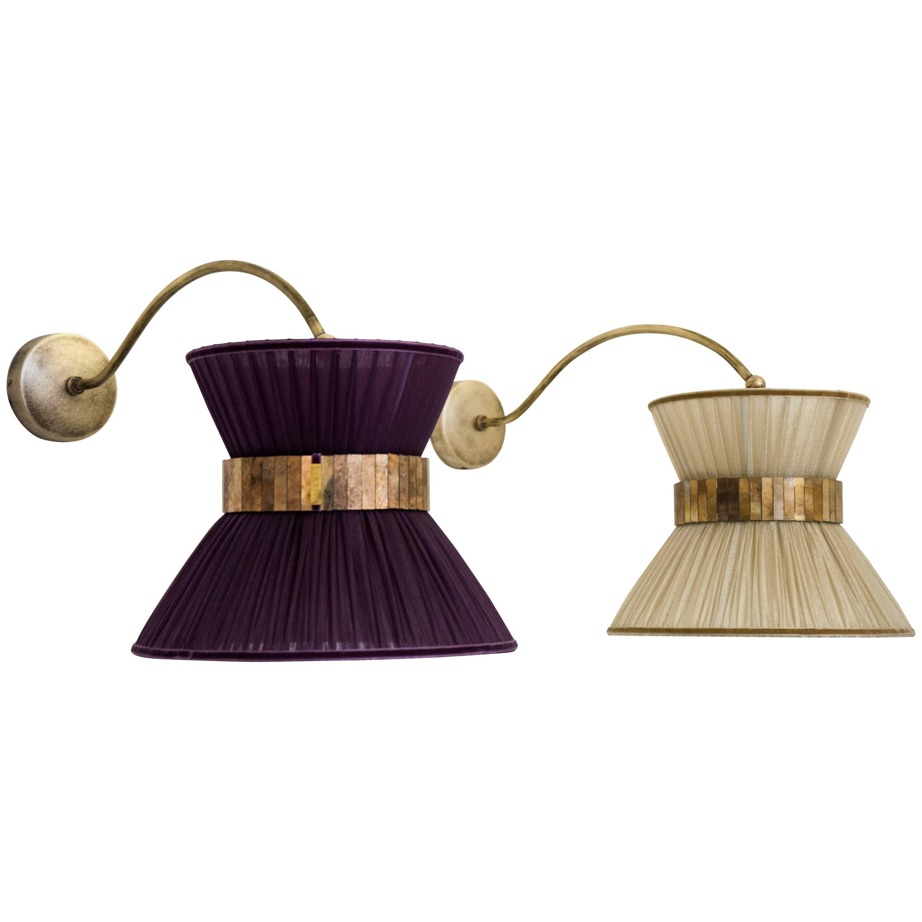  “Tiffany” Bracket Wall Sconce in purple Silk, Antiqued Brass, Silvered Glass  