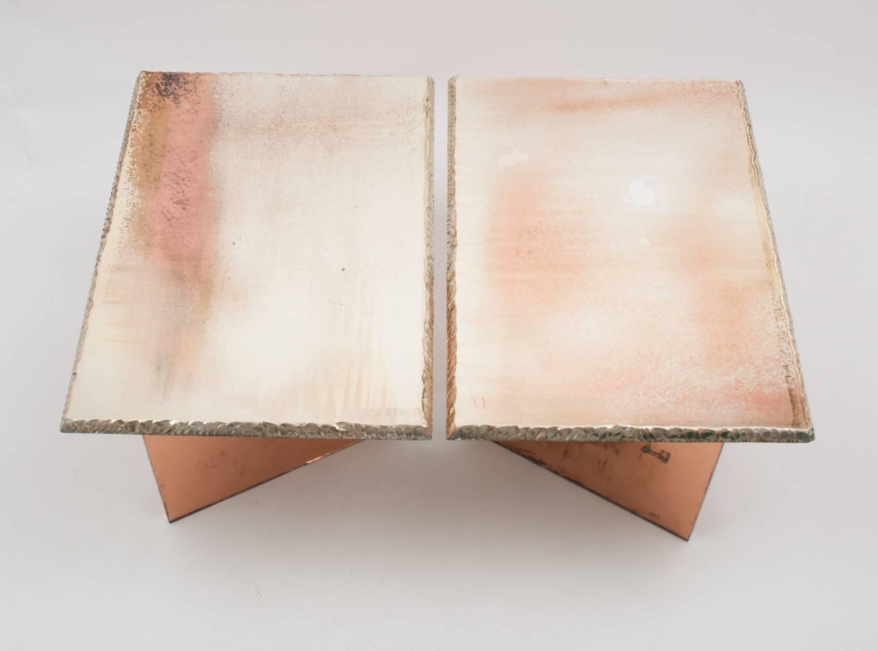 Fly coffee table, two separate elements, composed by a coated leg of antique rose silvered glass and a rectangular glass top 20mm depth hammered at edges, silvered with pure metal combination Sabrina Landini, a glass top over the silvered surface,