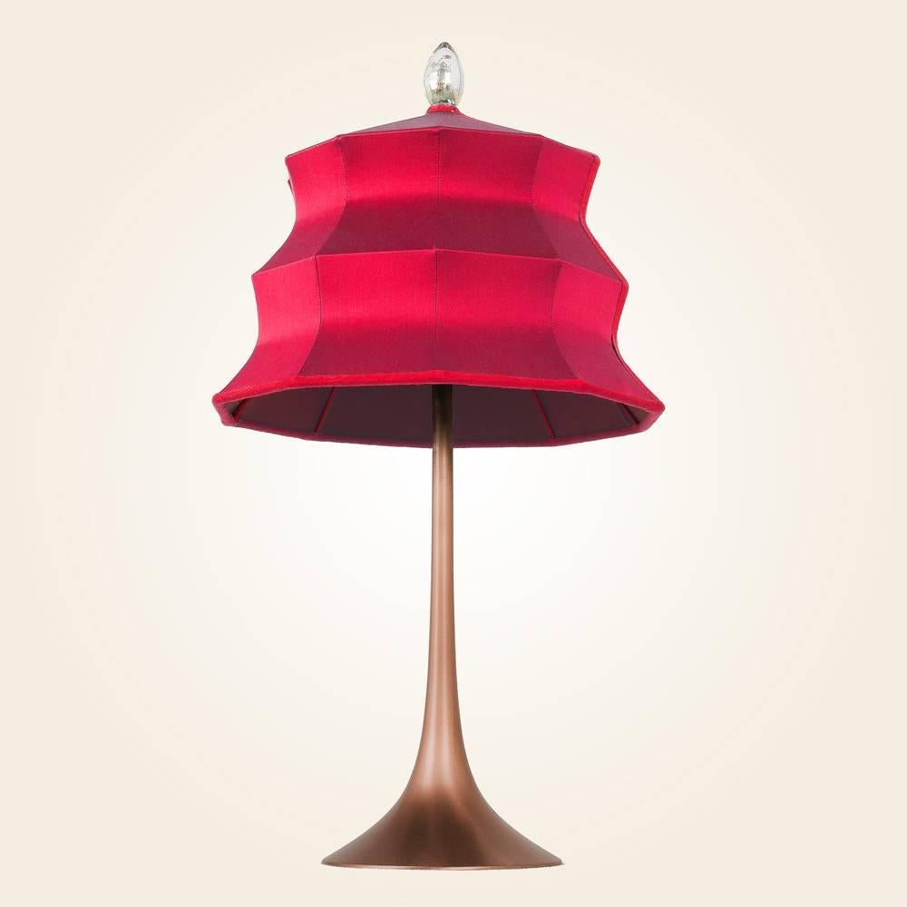 Modern  “Pagoda” Table Lamp, in copper  and rose Silk, Silver Crystal Tip, Handmade