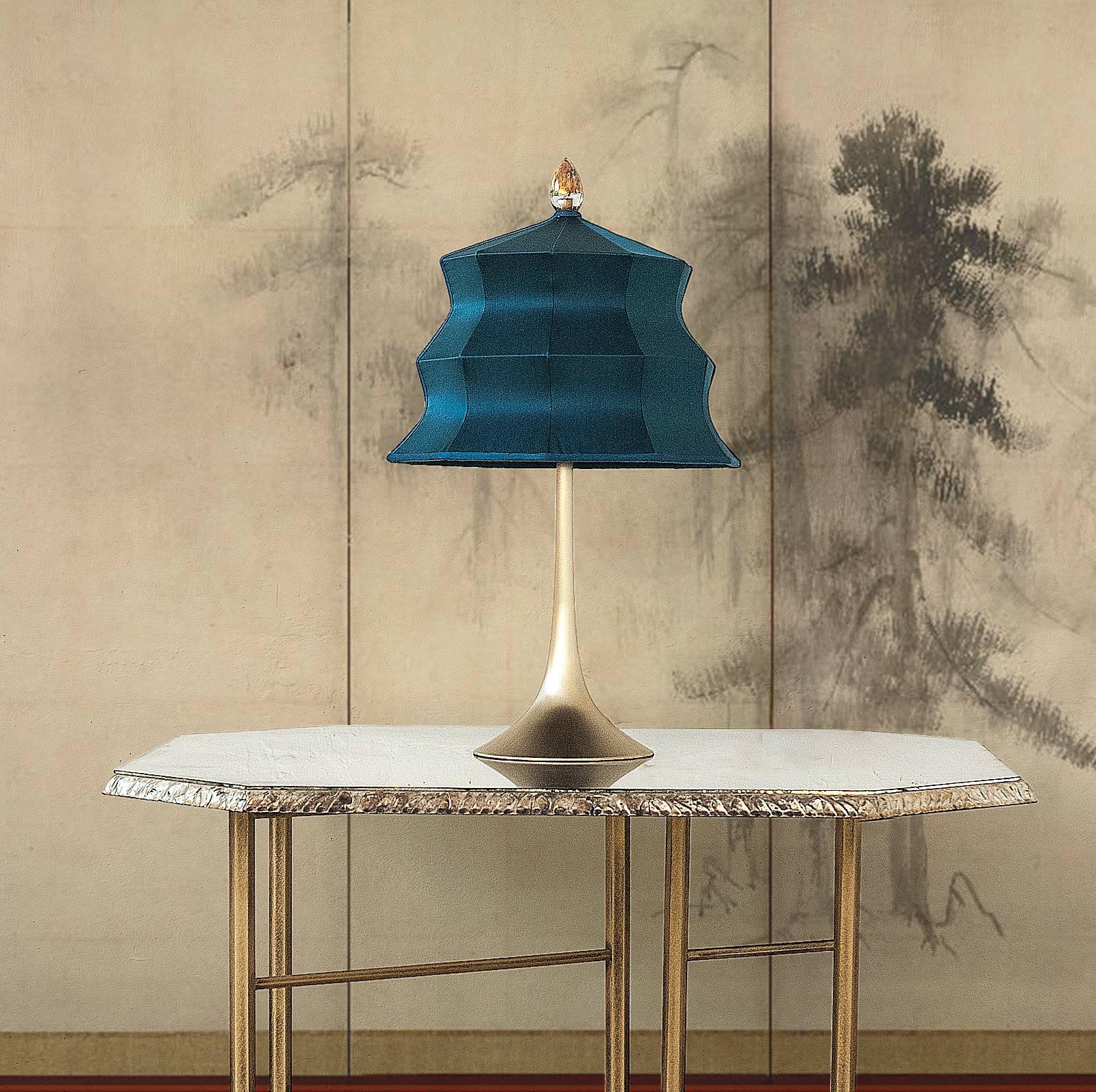 Silvered  “Pagoda” Table Lamp, in copper  and rose Silk, Silver Crystal Tip, Handmade