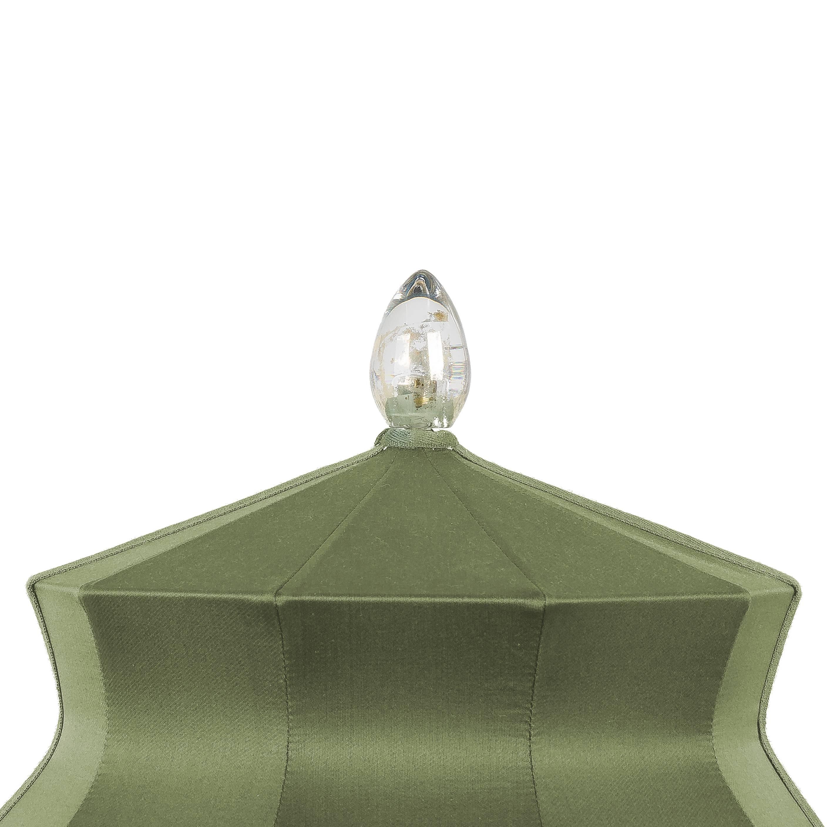 Modern  “Pagoda” Table Lamp, in brass  and Jade Gold Silk, Silver Crystal Tip, Handmade
