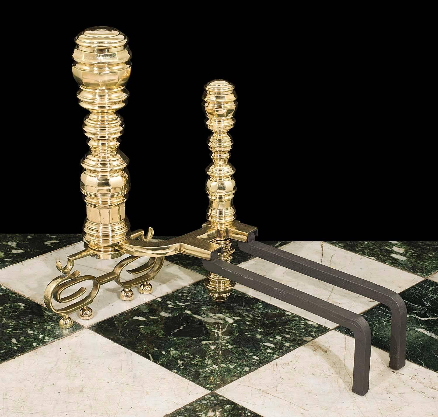 North American Substantial Pair of Victorian Baroque Style Antique Brass Andirons