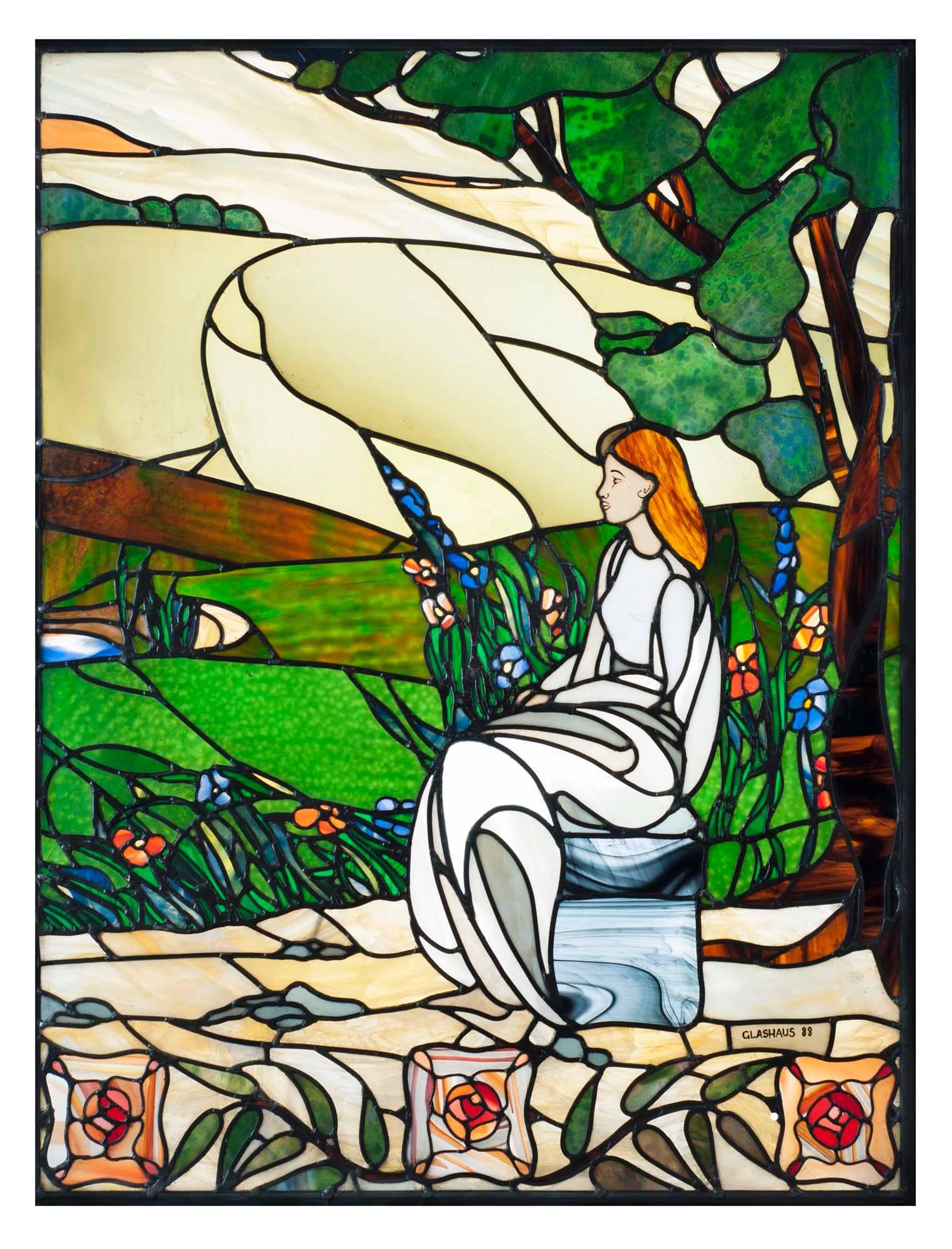Art Nouveau Late 20th Century Stained Glass Tryptich of Maidens in a Woodland Setting For Sale