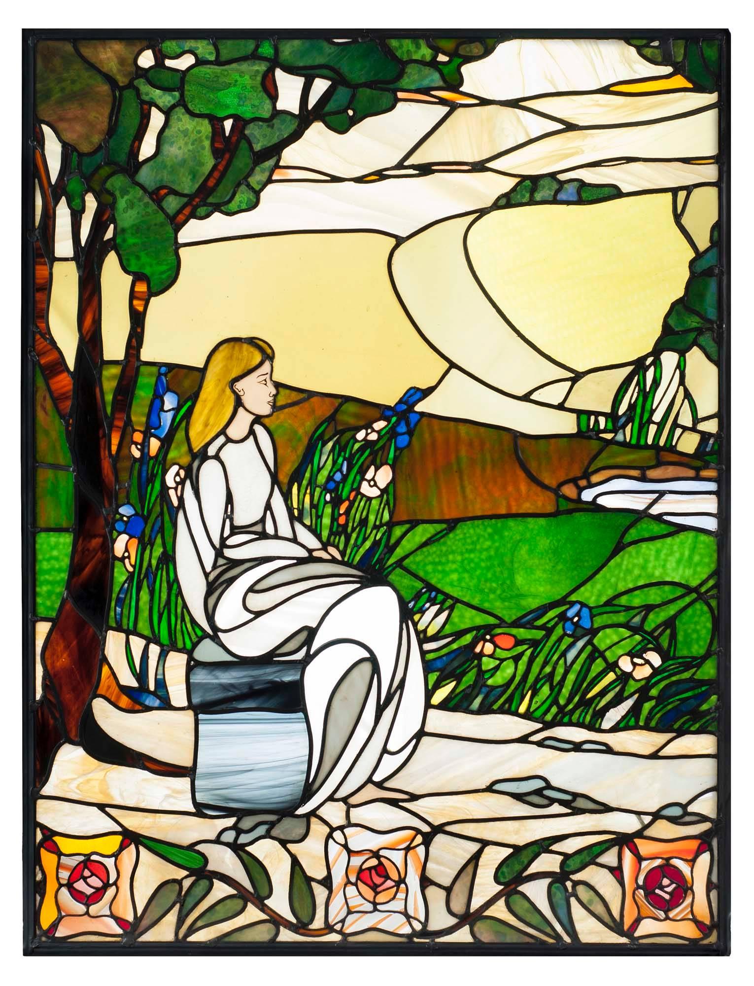 'Gather Ye the Rosebuds'
A 20th century Art Nouveau style stained glass tryptich of maidens in a woodland setting. The enameled logo at the back of one of the panels states 'Glashaus 88', they were a Glasgow company of stained glass makers and