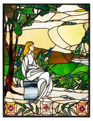 Late 20th Century Stained Glass Tryptich of Maidens in a Woodland Setting