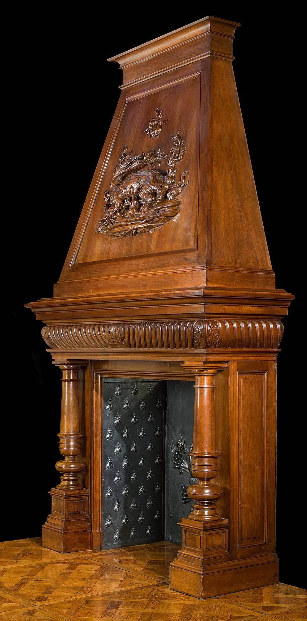 Renaissance Revival Imposing Walnut Trumeau French 19th Century Chimneypiece