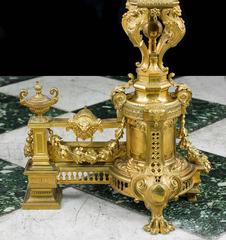 Elaborate Pair of Tall 19th Century Gilt Brass Chenet