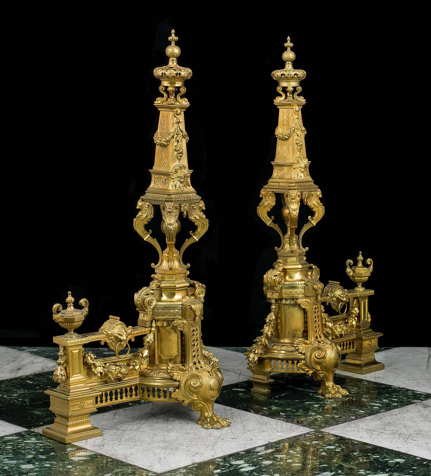 Louis XVI Elaborate Pair of Tall 19th Century Gilt Brass Chenet