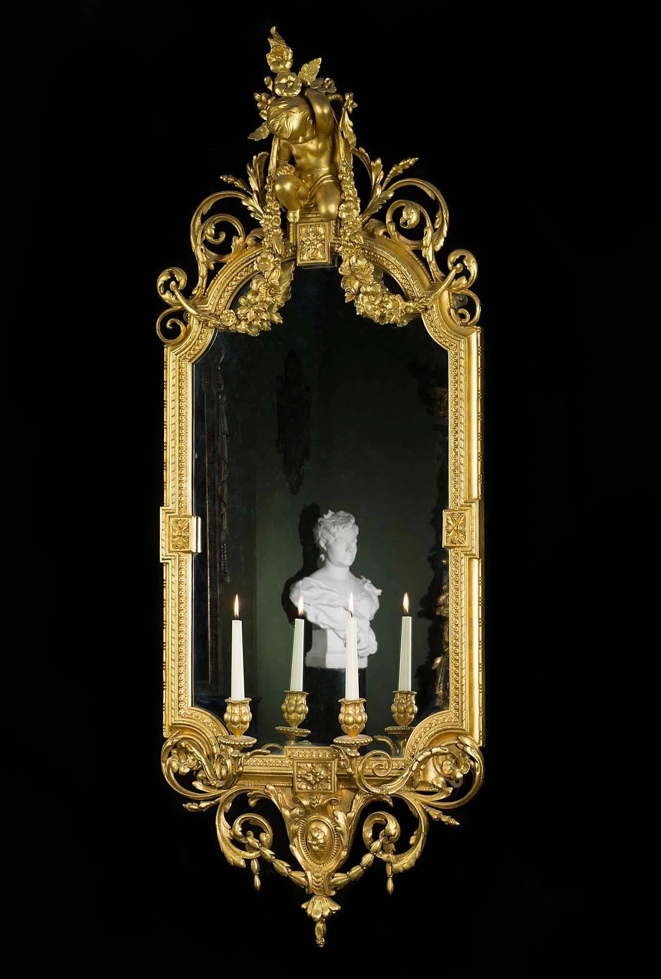 French Antique Giltwood and Gesso Louis XV Style Girandole Mirror