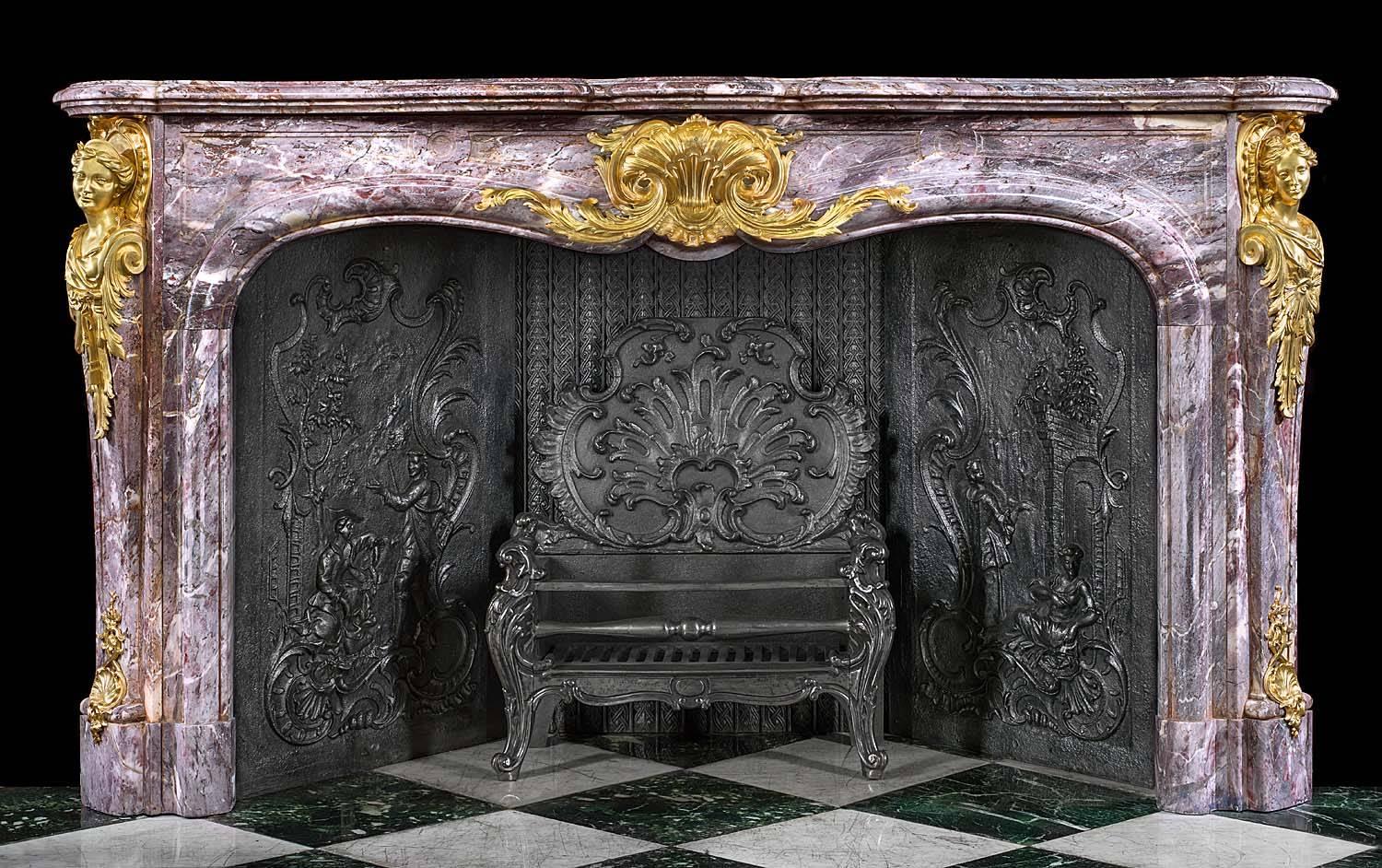 Hand-Carved Louis XV Style Antique Rococo Fireplace in Fleur de Pecher Marble For Sale
