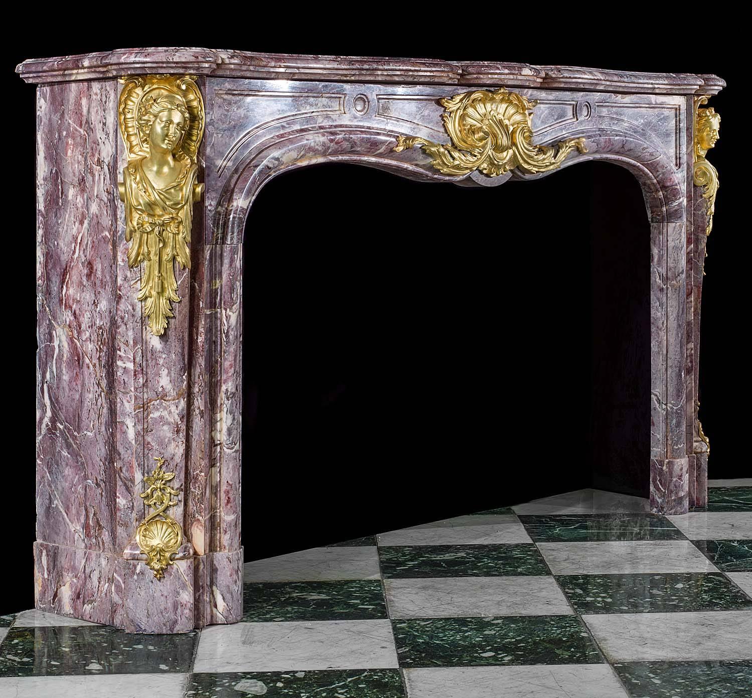 French Louis XV Style Antique Rococo Fireplace in Fleur de Pecher Marble For Sale