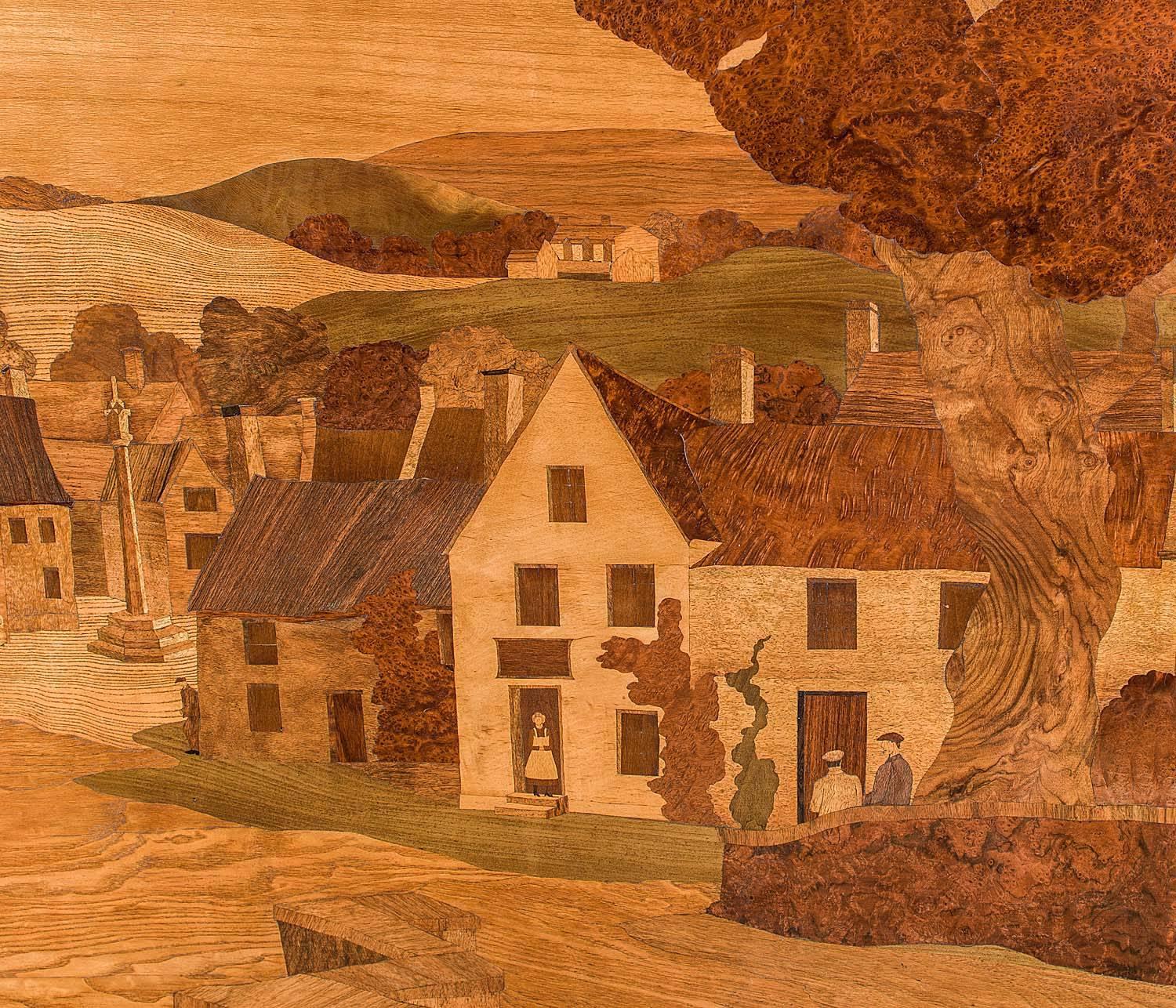 Very Large Arts & Crafts Marquetry Panel Depicting an English Village Scene In Good Condition In London, GB