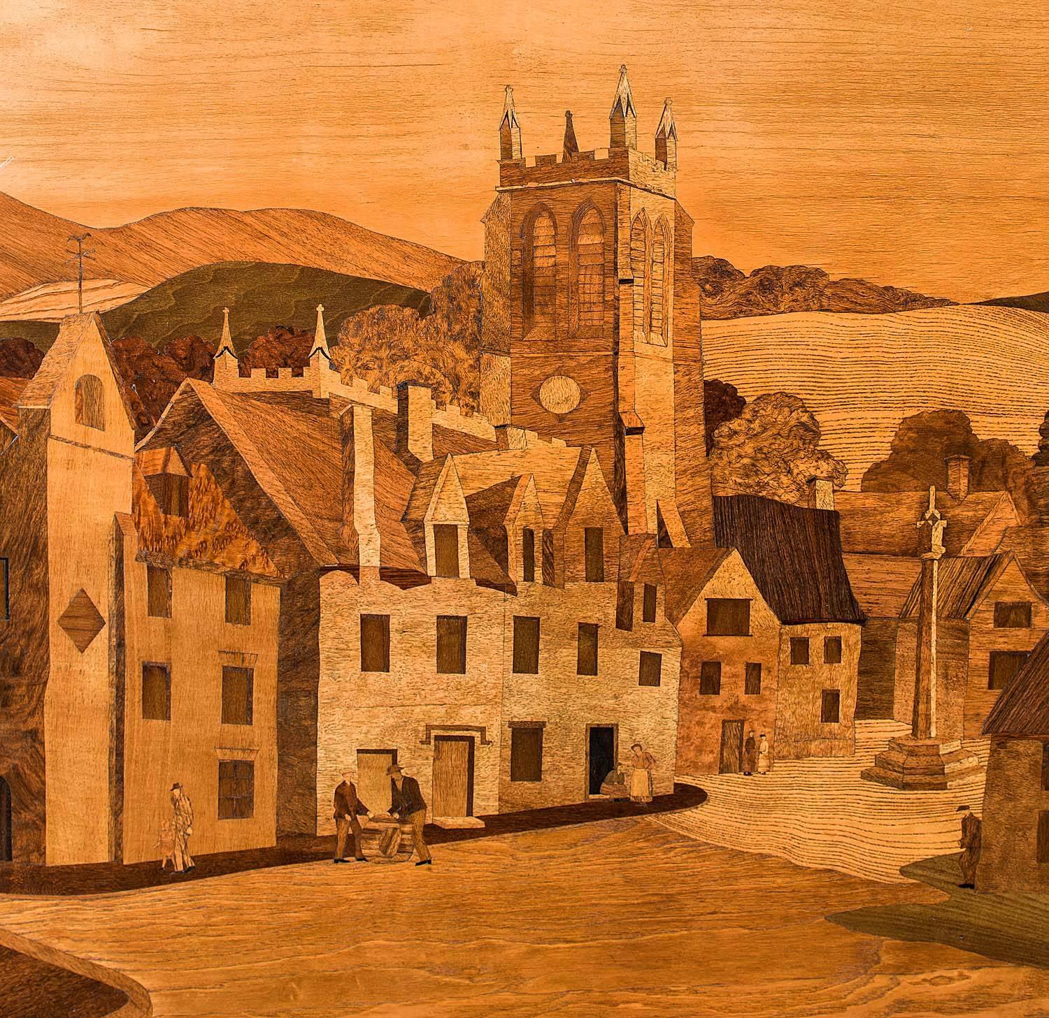 Arts and Crafts Very Large Arts & Crafts Marquetry Panel Depicting an English Village Scene