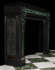 French Regency Style Belgian Black Marble and Malachite Antique Fireplace