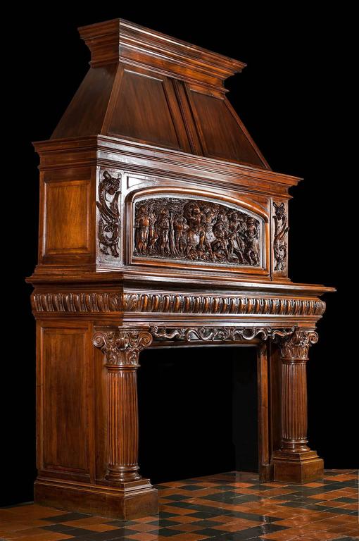 19th Century Antique French Fireplace Mantel Carved in Walnut For Sale