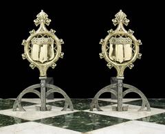 Pair of Tall English Brass and Iron Gothic Revival Armorial Antique Andirons