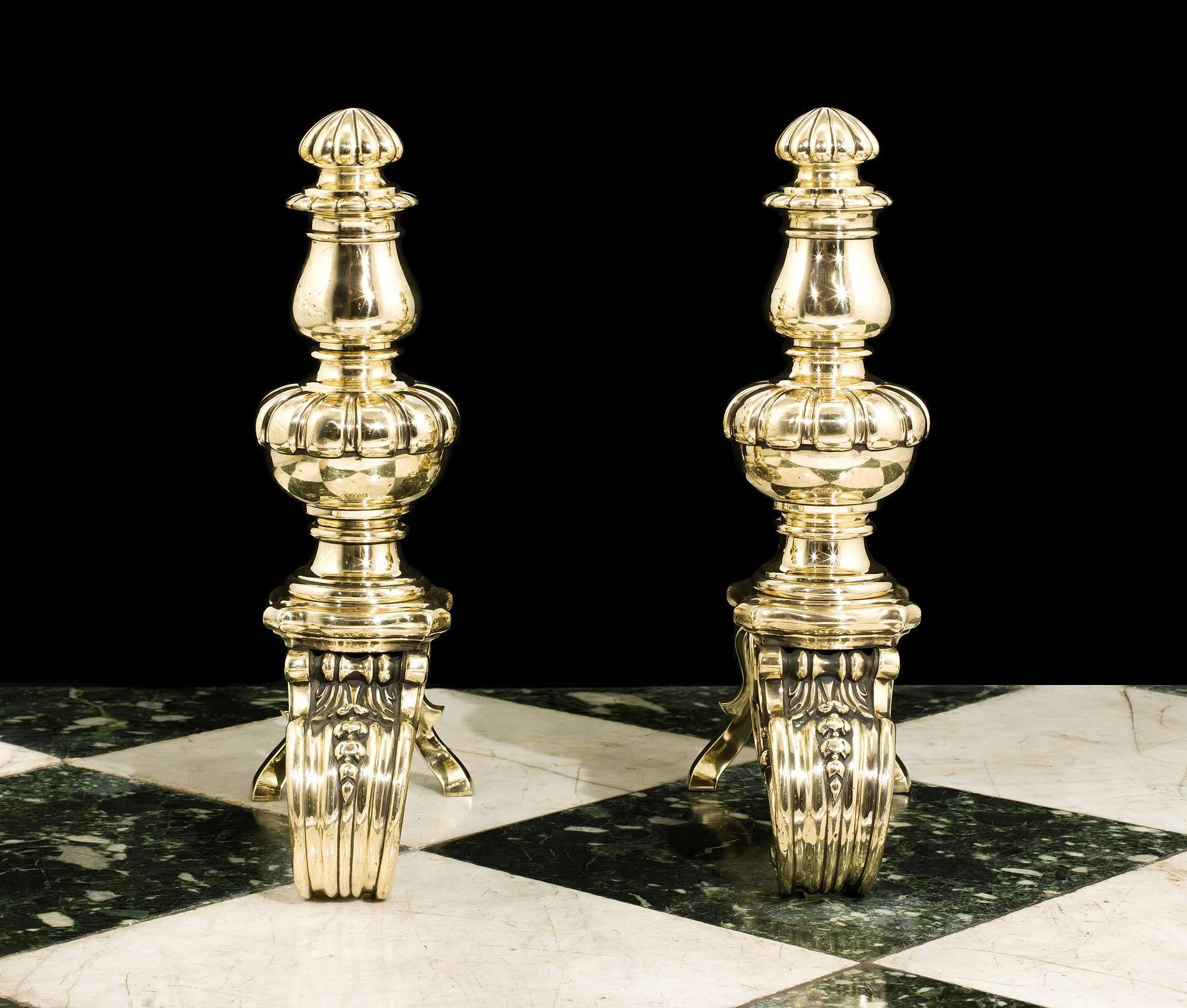 Baroque Revival Pair of Substantial Heavily Cast Brass Antique Chenets in the Baroque Style