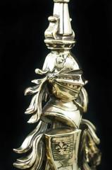 Pair of Tall 19th Century English Antique Brass Armorial Andirons