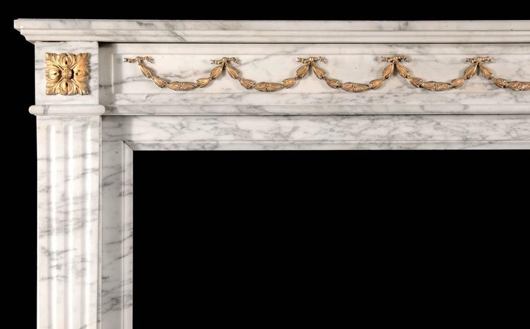 Regency 19th Century French Statuary Marble and Gilt Ormolu Antique Fireplace Mantel For Sale