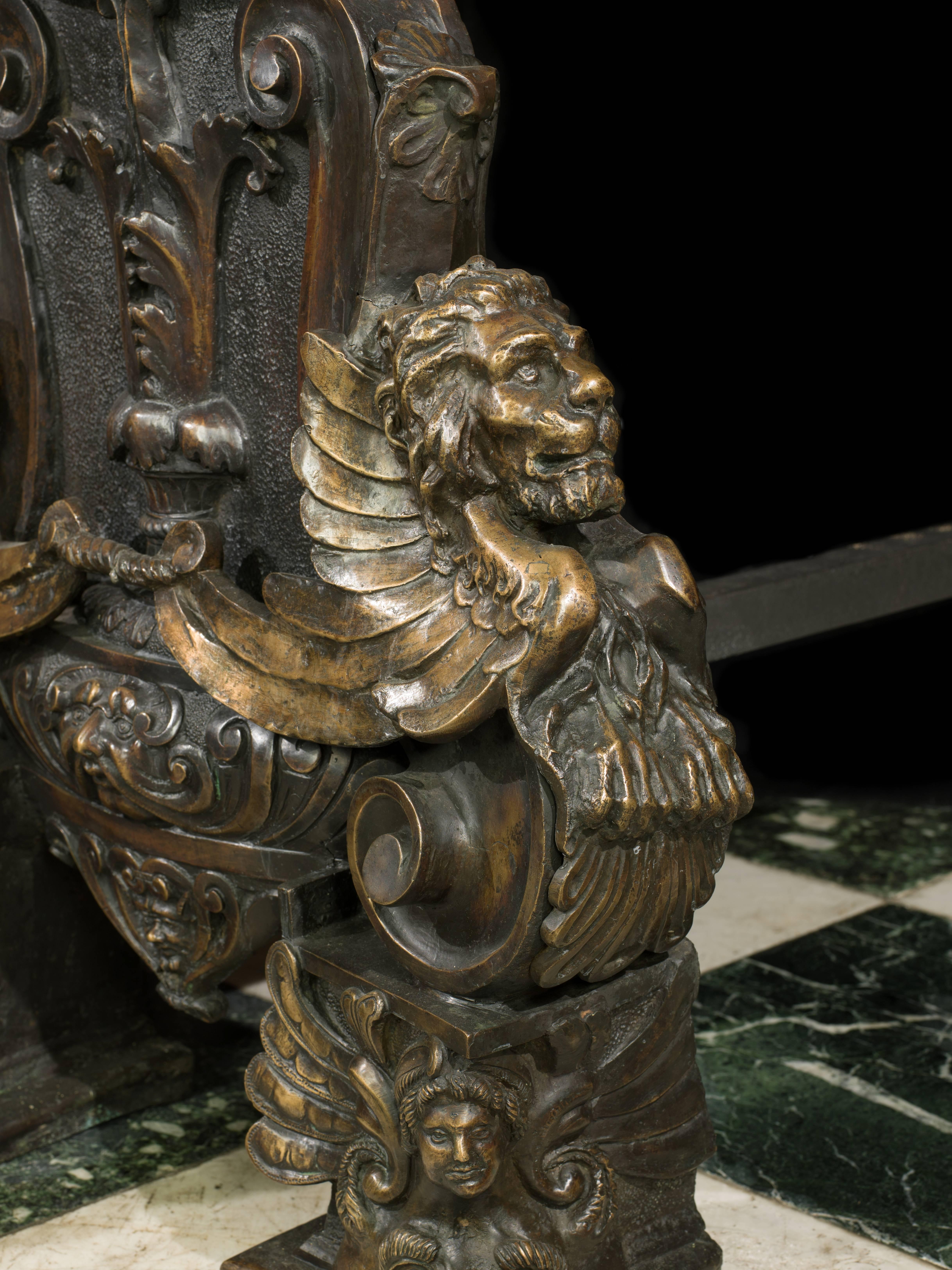 Cast Monumental Pair of Patinated Bronze Andirons in the Baronial Baroque Manner For Sale