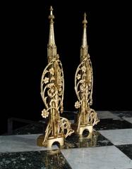 Pair of Tall and Elaborate French Gothic Revival Gilt Bronze Antique Andirons