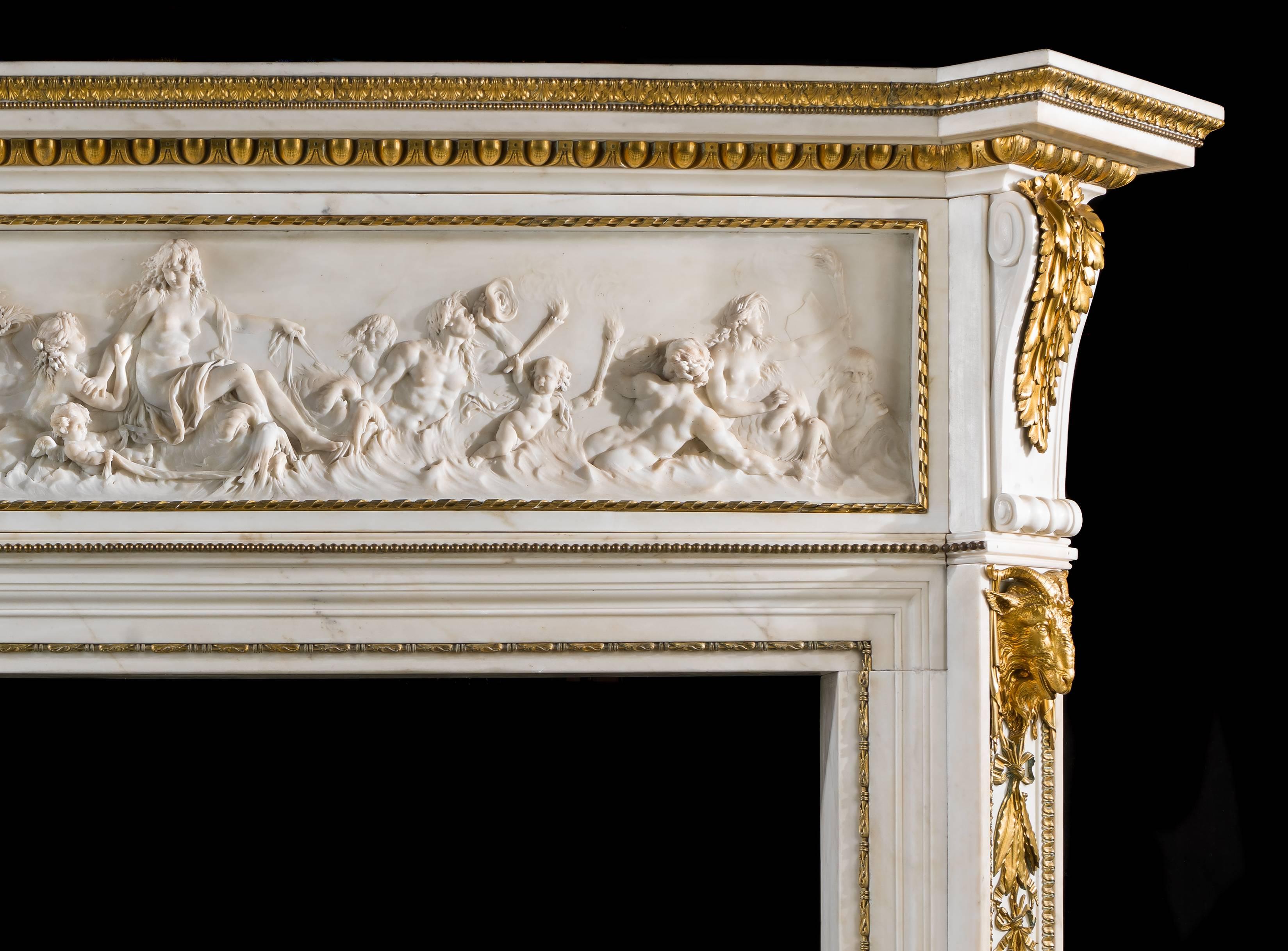 A rare 19th century statuary marble and gilded ormolu chimneypiece in
the French Regency style with a large, exquisitely carved 18th century
panel after Clodion (1738–1814).

The fireplace, originally in the drawing room of Brook House located at